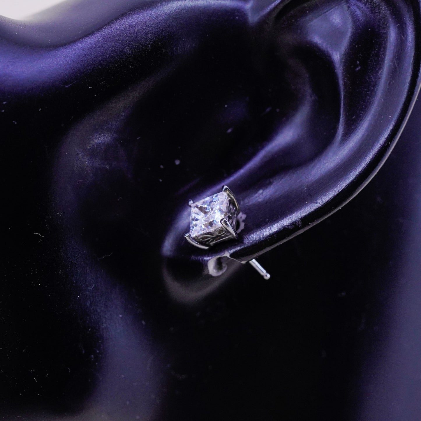 6mm, Vintage sterling silver genuine square cz studs, filigree earrings