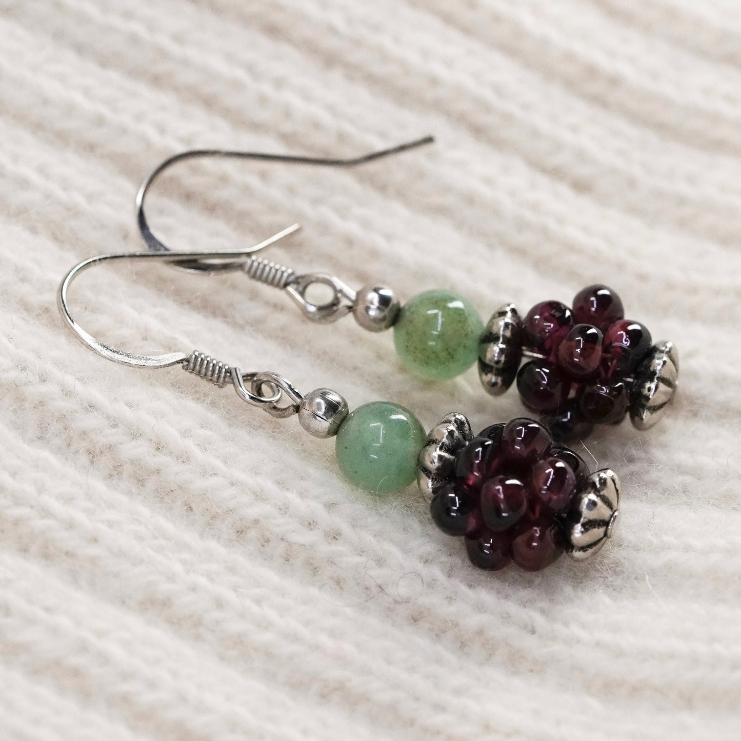 Vintage Sterling silver handmade earrings, 925 hooks with prehnite garnet beads