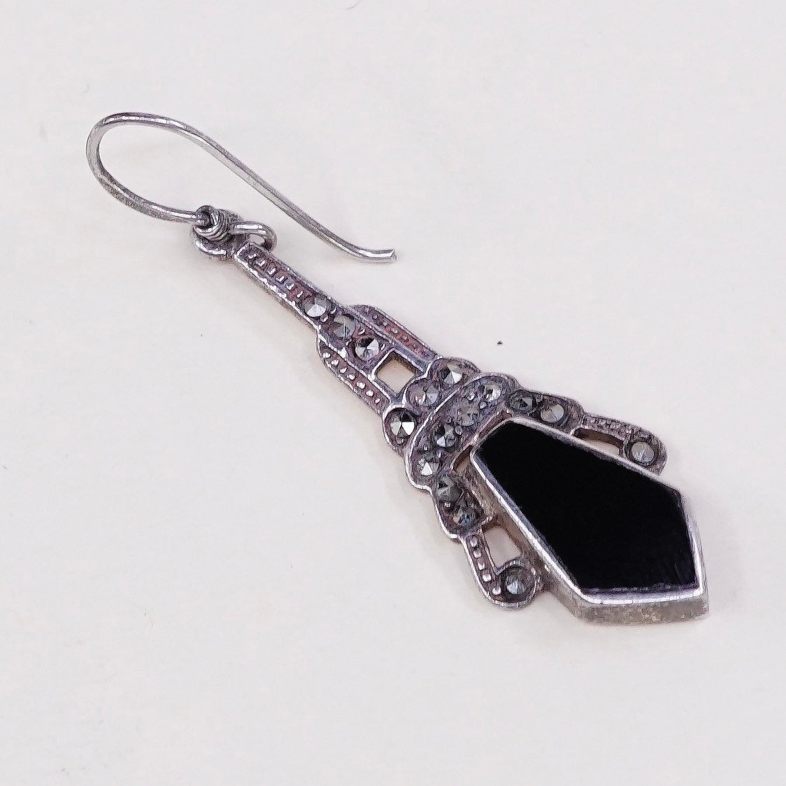 vtg Sterling 925 silver handmade earrings teardrop drops w/ obsidian n marcasite