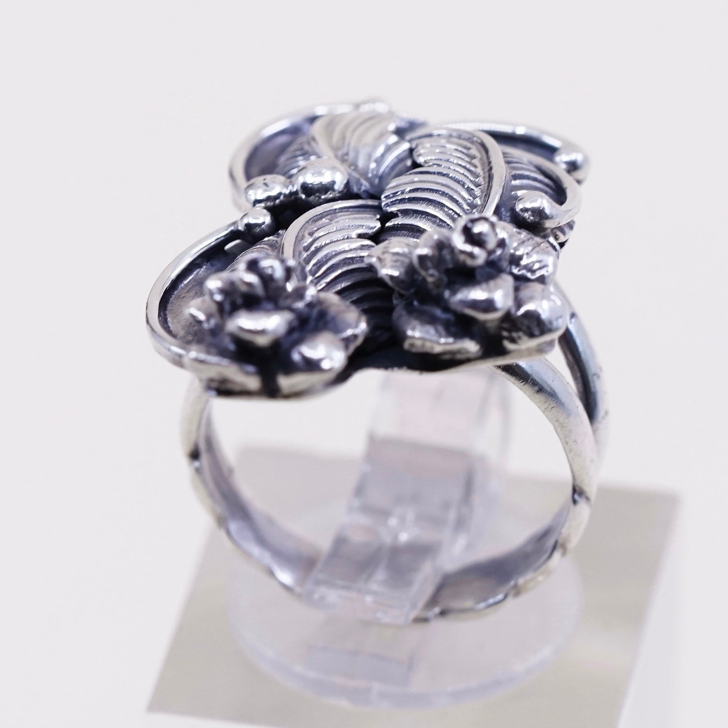sz 5, Native American Les Baker Sterling silver ring, 925 feather N flower