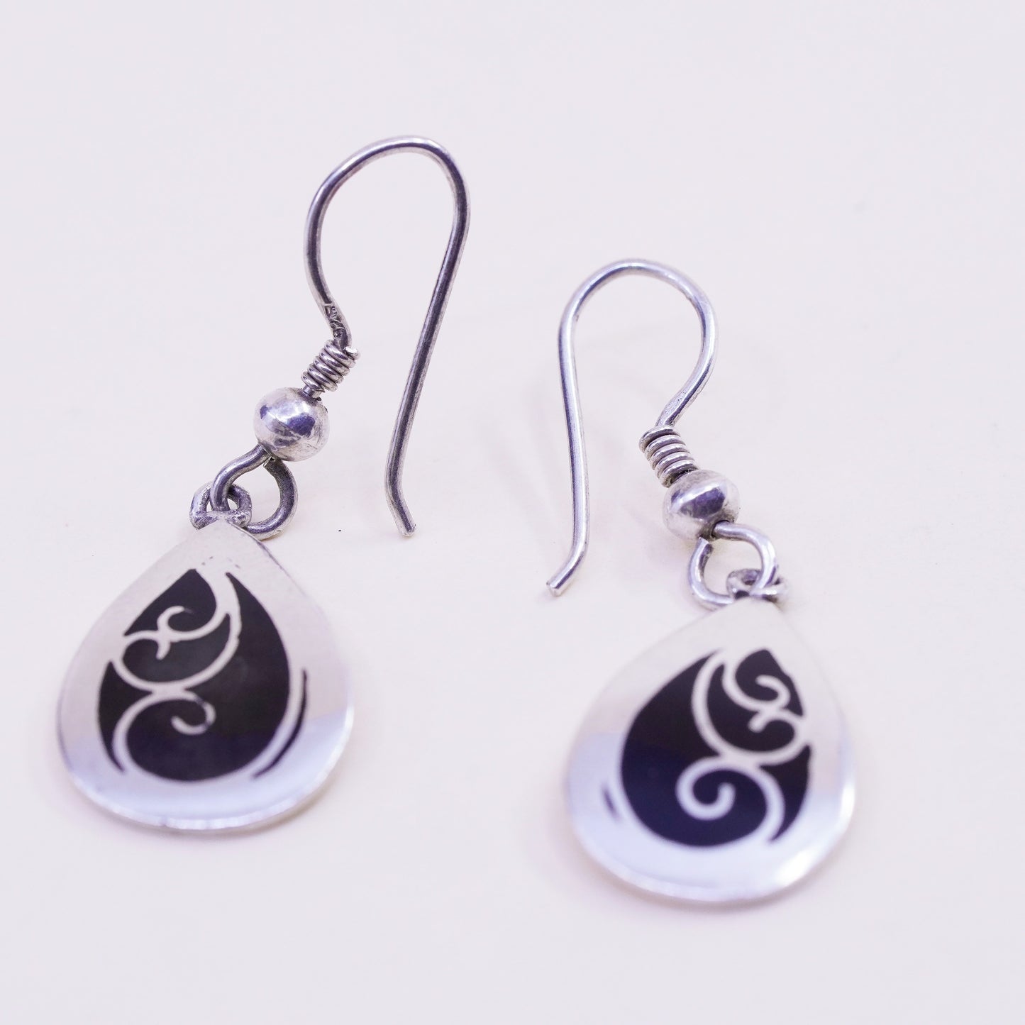 Vintage Sterling silver handmade earrings, 925 teardrop drops with enamel