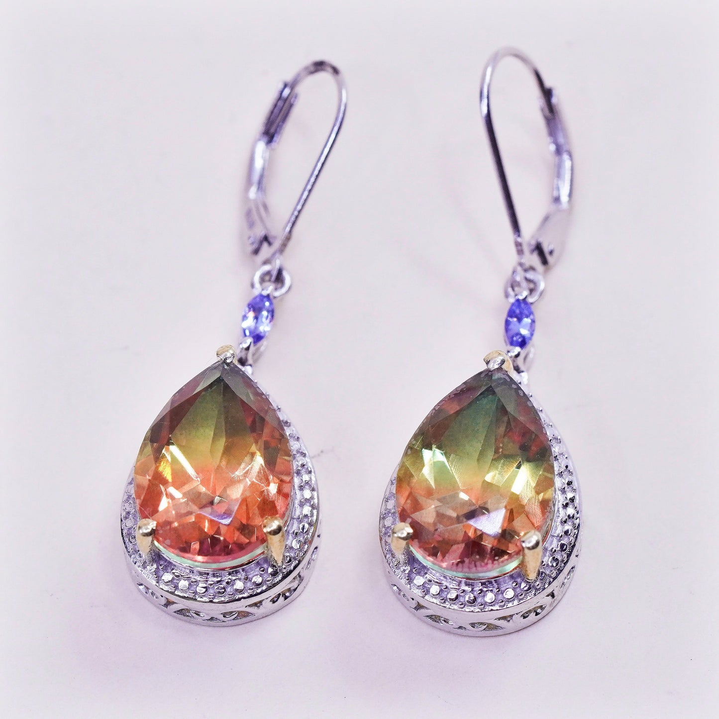Vintage Sterling 925 silver handmade earrings with teardrop rainbow crystal