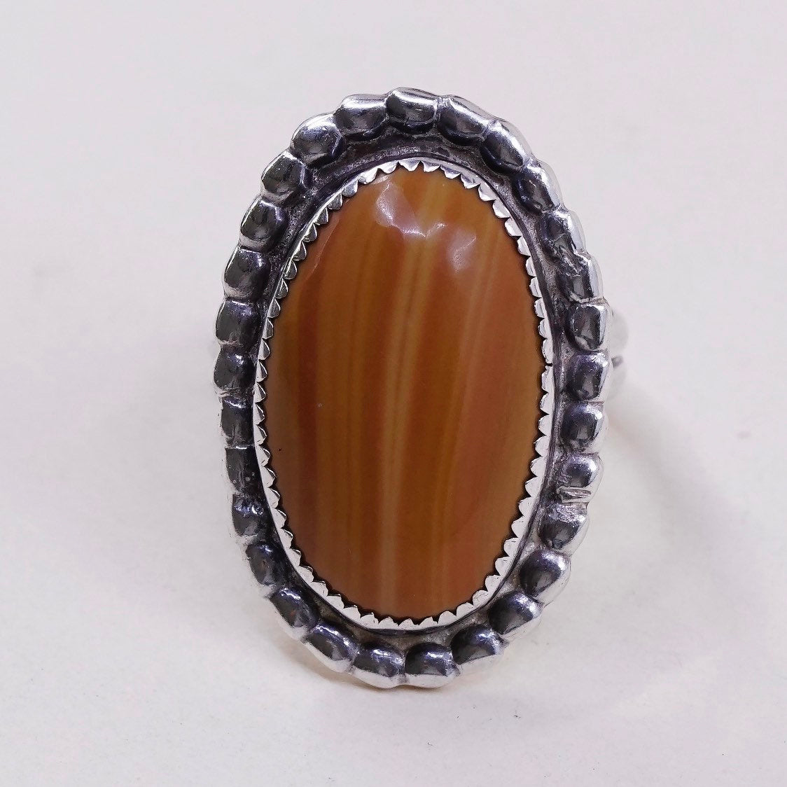 sz 7.25, vtg Southwestern sterling 925 handmade ring w/ orange agate and beads
