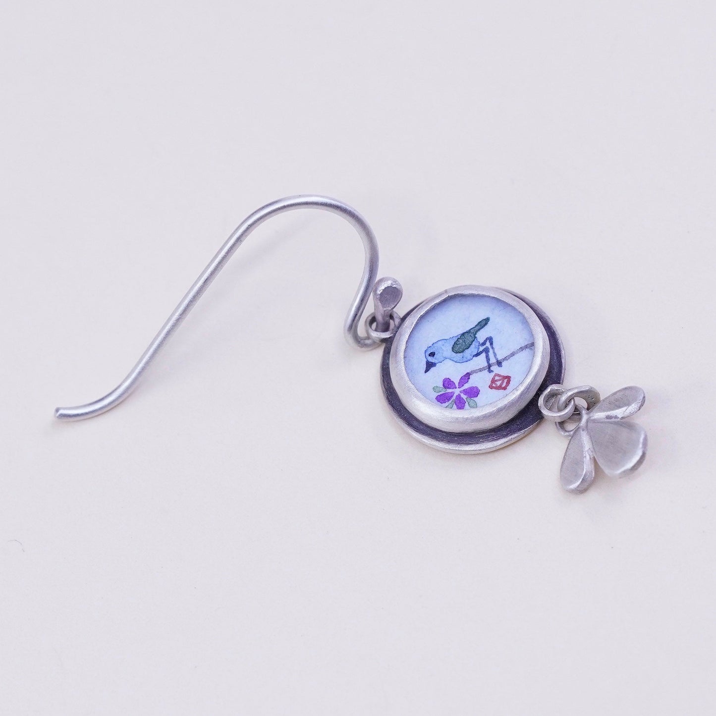 Designer Ananda KHALSA Sterling 925 silver handmade earrings, watercolor blue bird with purple plum flower, stamped 925 A