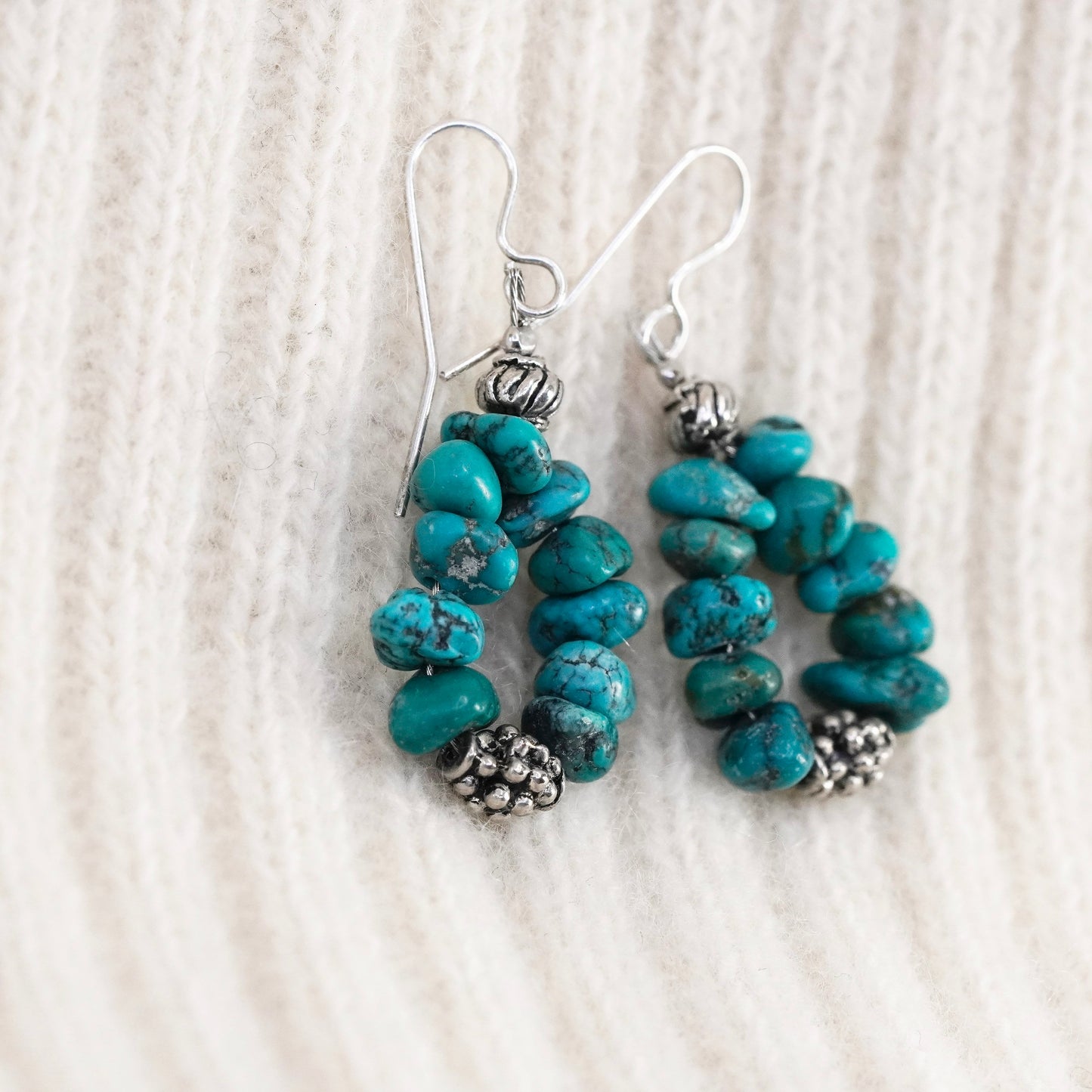 Vintage Sterling silver handmade earrings, 925 teardrop drops turquoise nugget