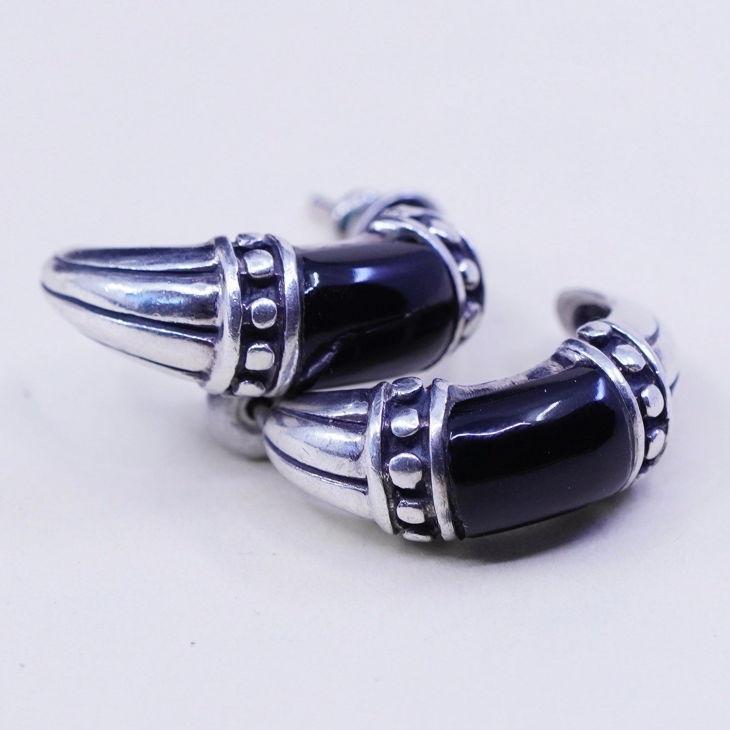 0.75”, Sterling silver handmade earrings, 925 Huggie studs with onyx and beads