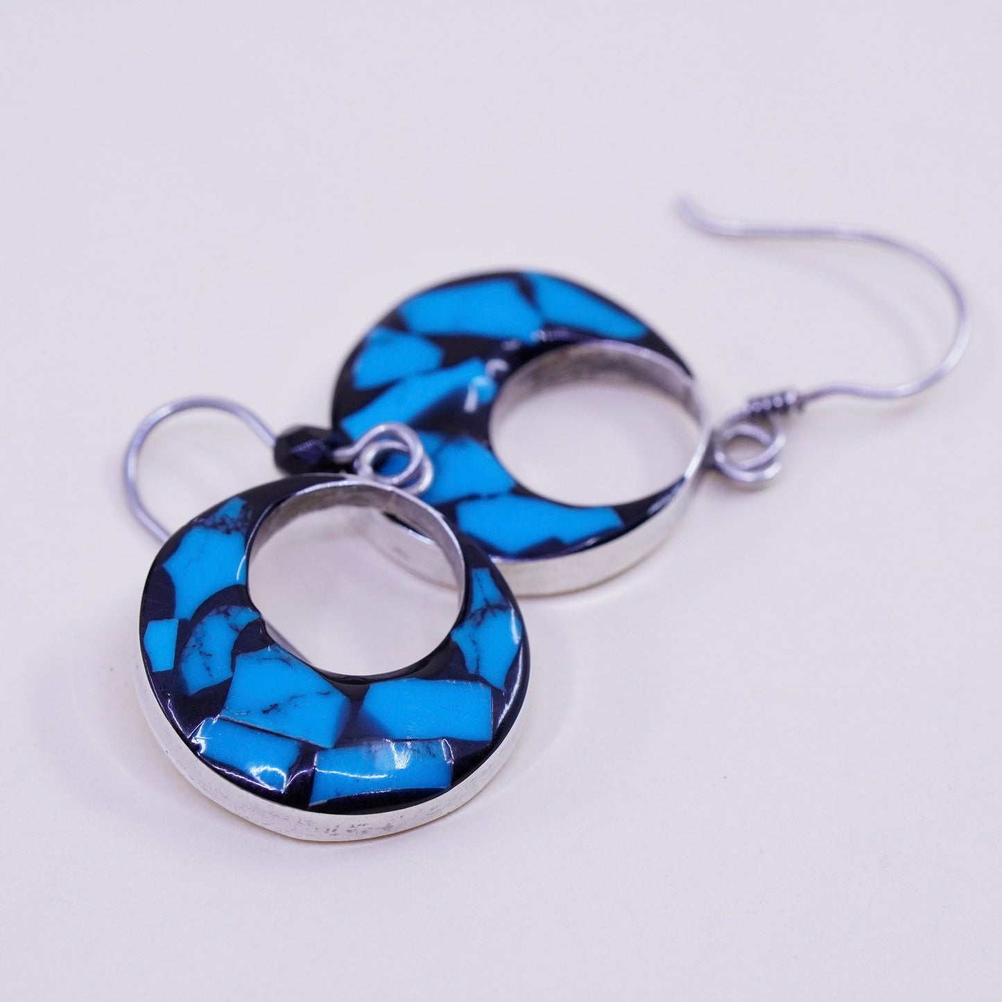 Vintage sterling silver handmade earrings, mexico 925 with circle turquoise