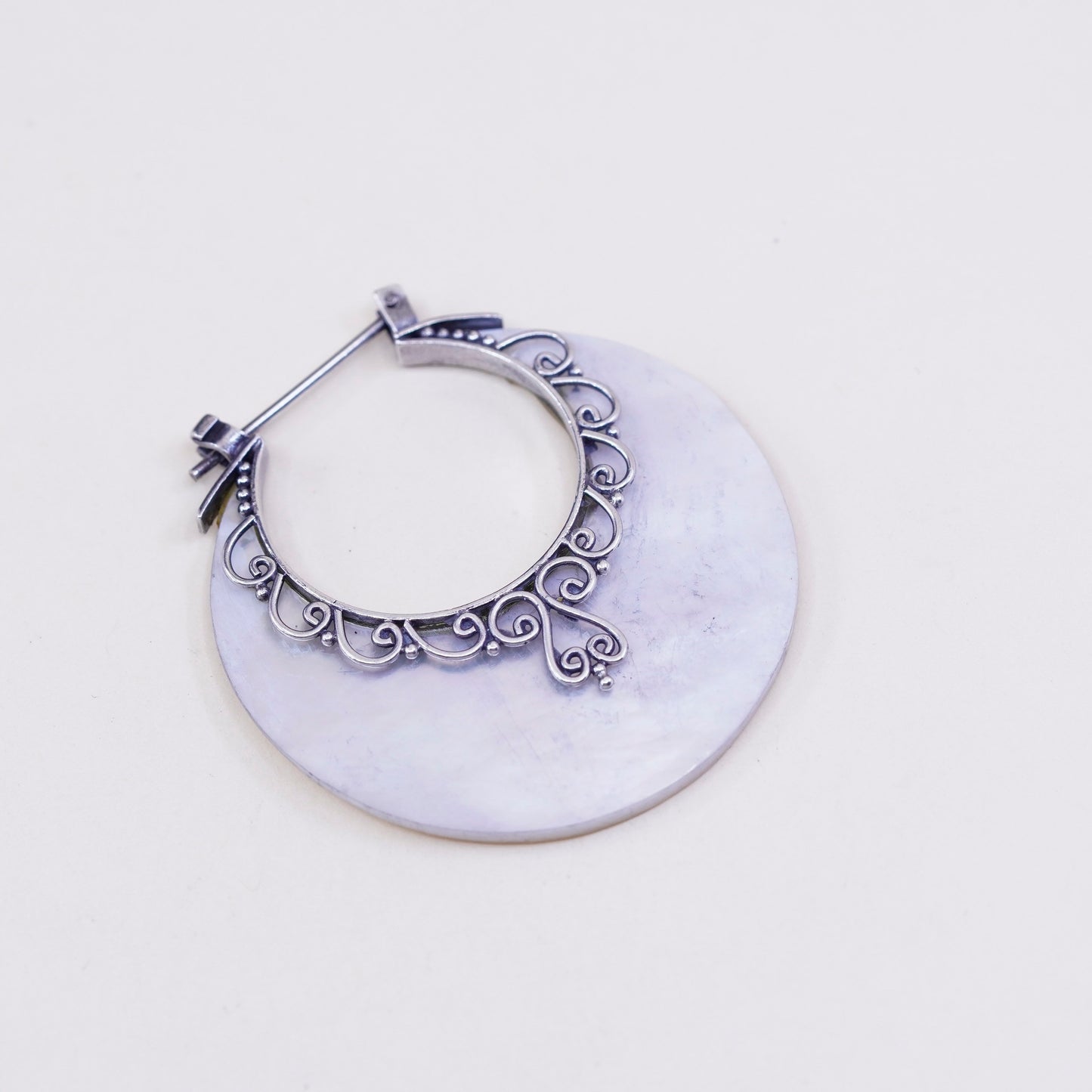 Indonesia sterling 925 silver handmade earrings, huge mother of pearl circle