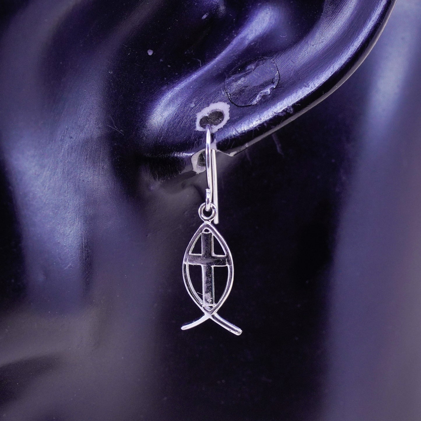 Vintage sterling silver handmade modern earrings, 925 fish with cross