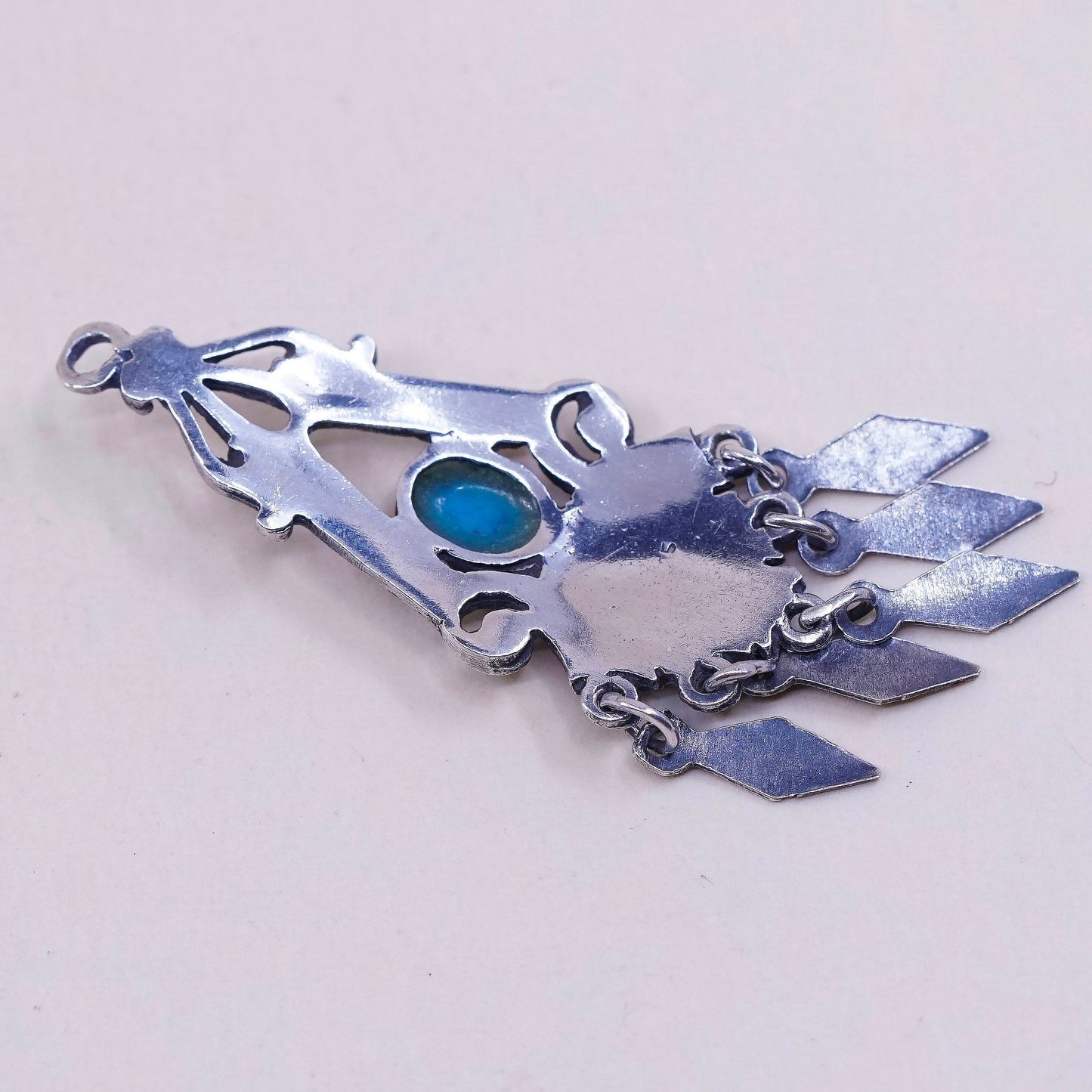 Sterling silver handmade pendant, 925 charm with turquoise and fringe dangles