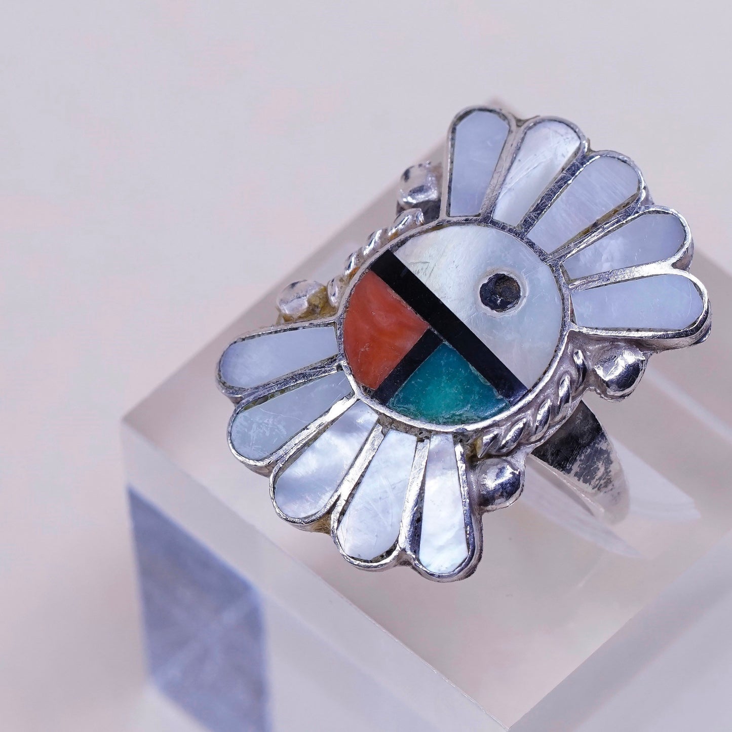 sz 6, sterling silver handmade 925 w/ coral N turquoise, Zuni Tewa sun ring