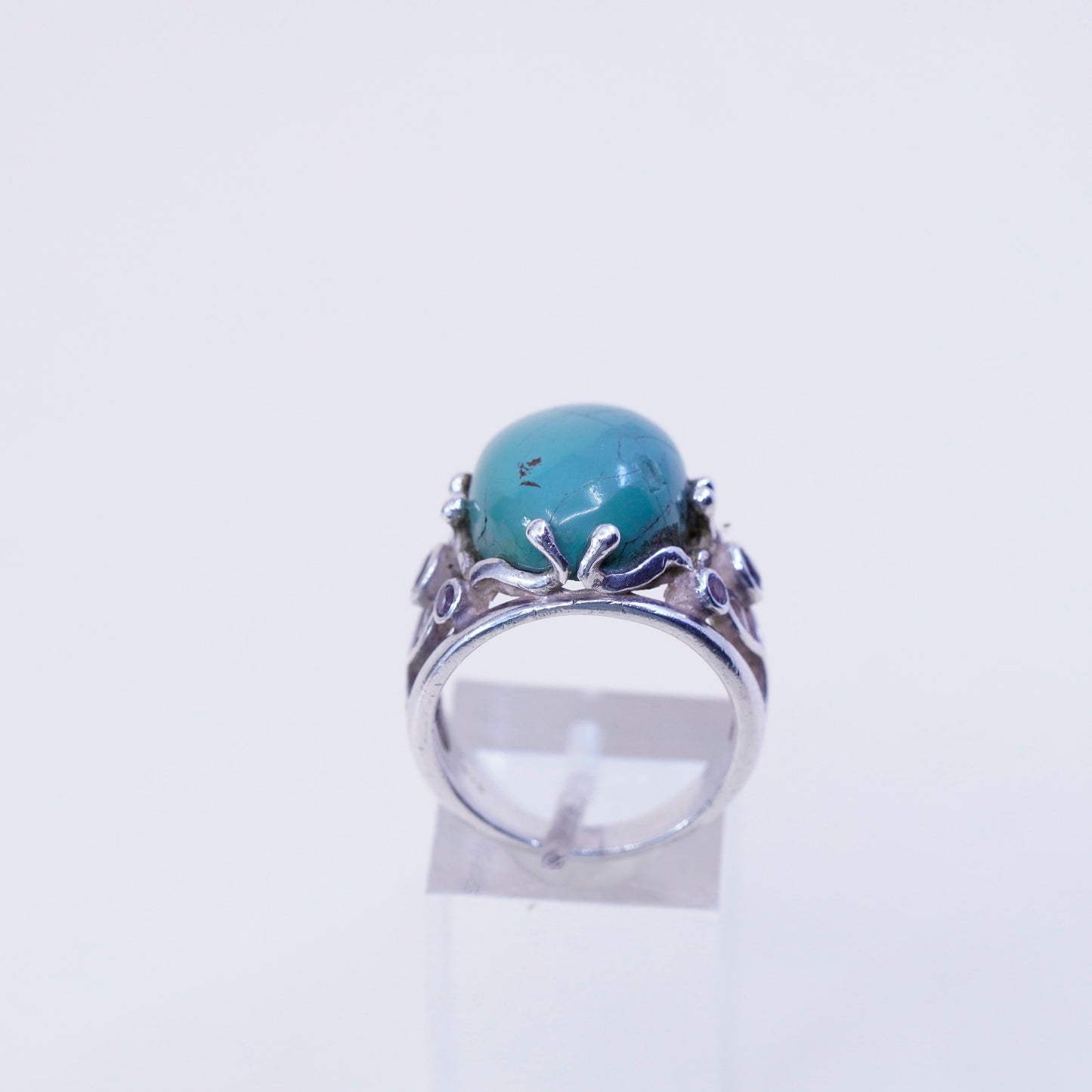 Size 7.25, Vintage sterling 925 silver filigree ring w/ turquoise and amethyst