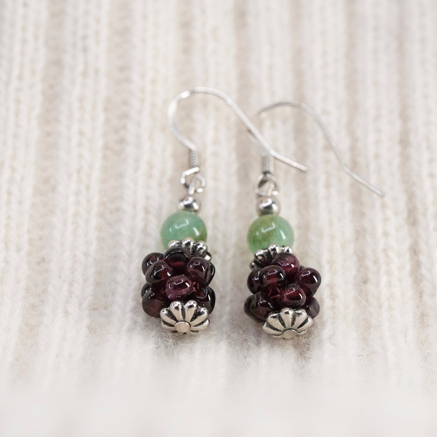 Vintage Sterling silver handmade earrings, 925 hooks with prehnite garnet beads