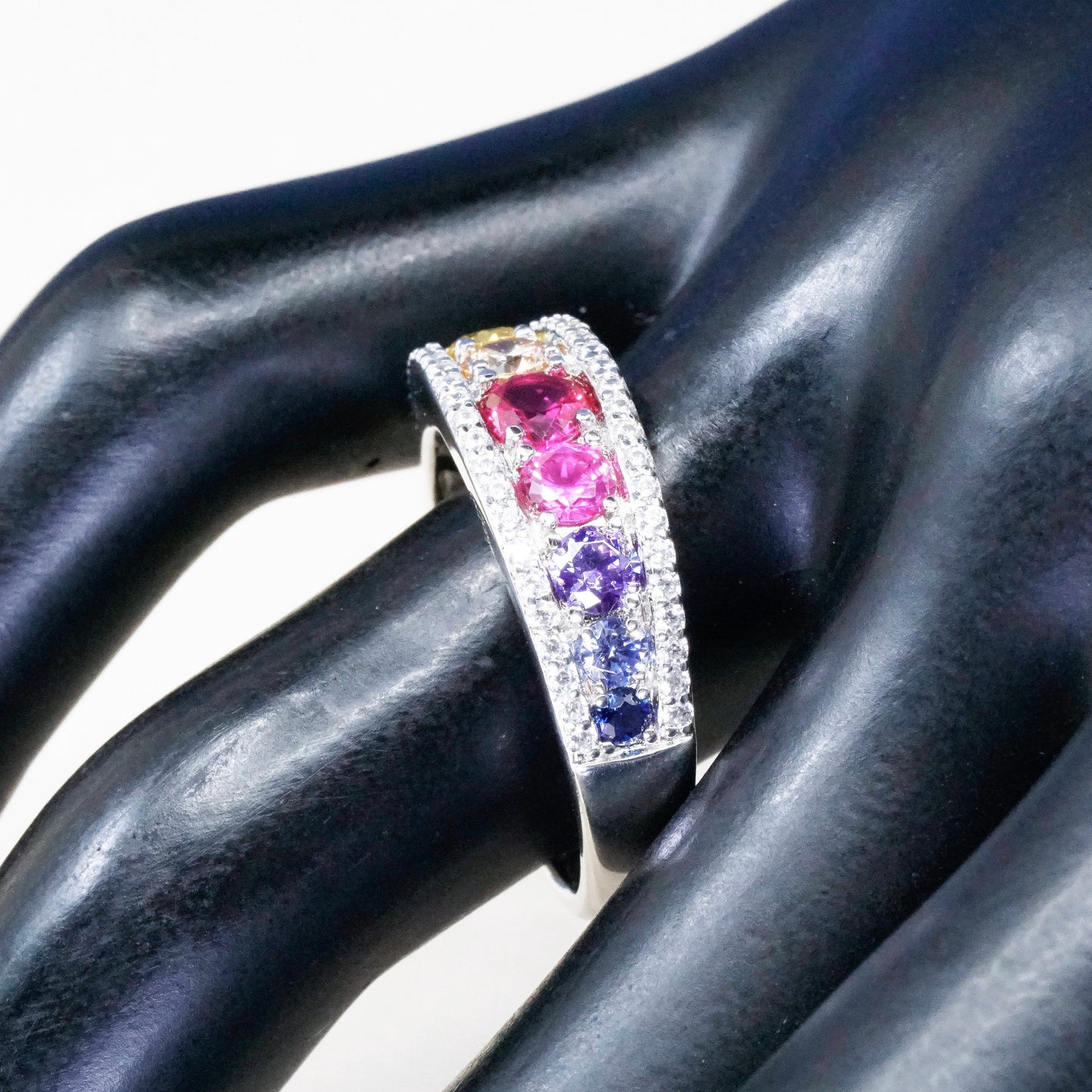 sz 9.25, vtg ET sterling silver handmade ring, 925 band w/ cluster colorful cz