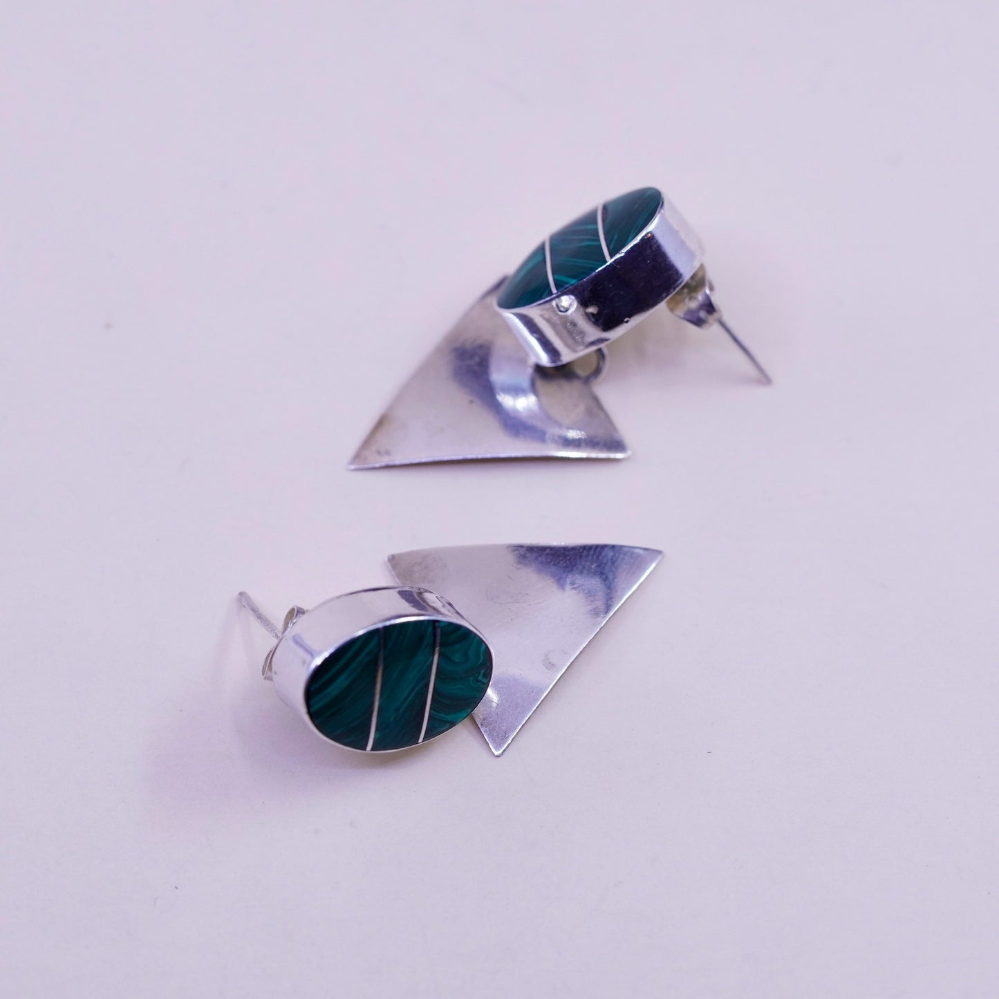 Mexico sterling 925 silver handmade earrings oval malachite triangular dangled