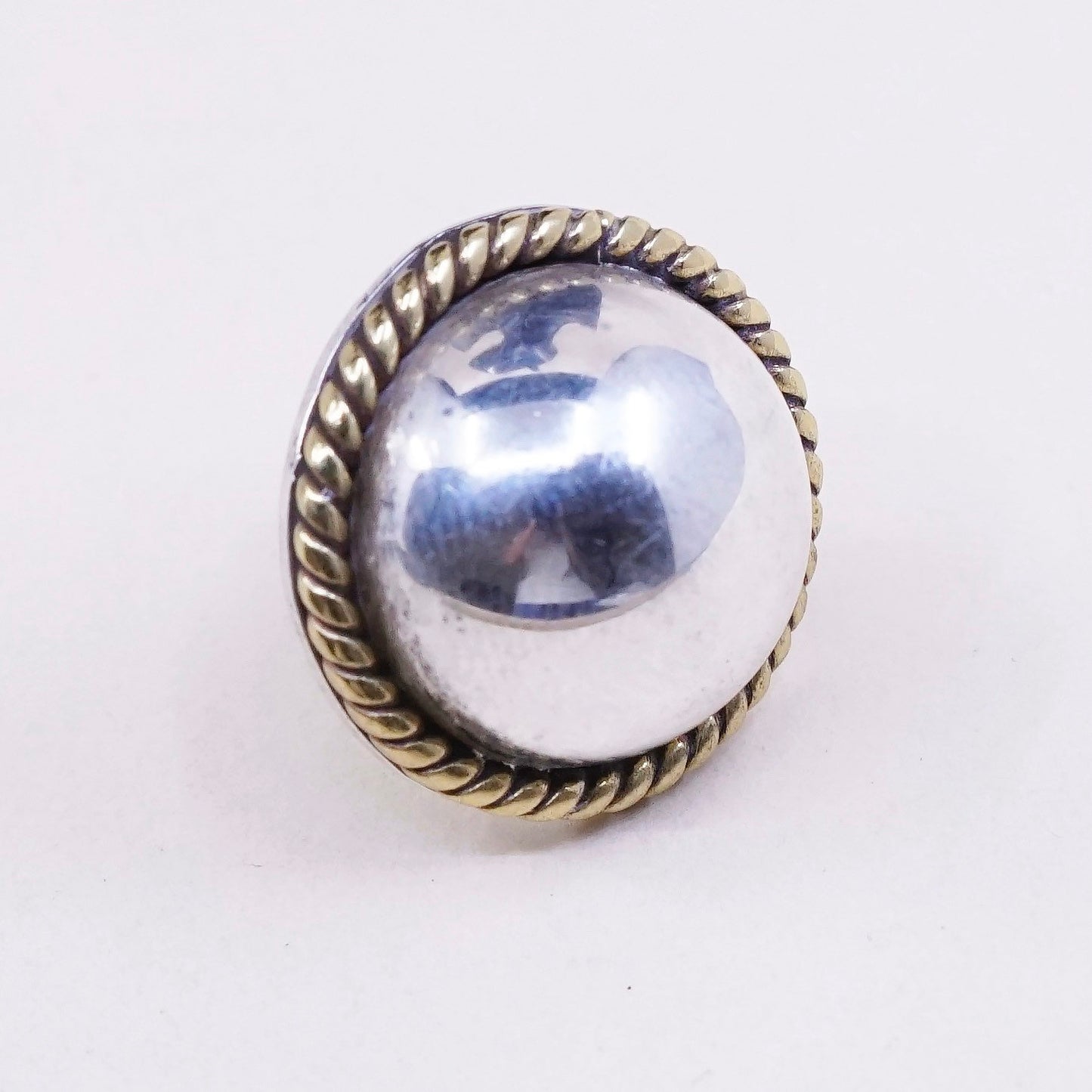 0.5”, vtg sterling silver button studs, handmade 925 earrings with brass rope