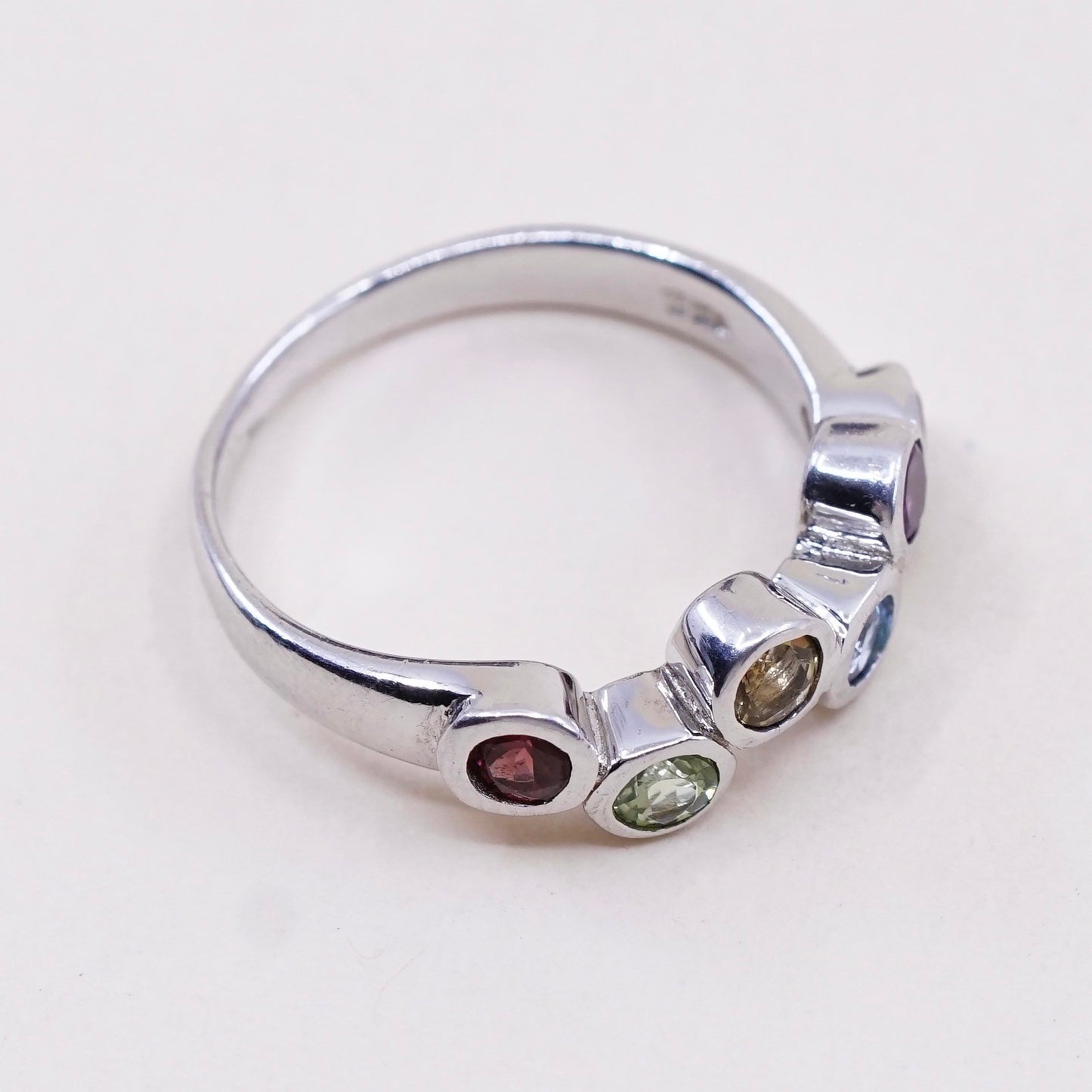 sz 6.25, sterling silver ring, 925 band w/ topaz citrine peridot ruby amethyst