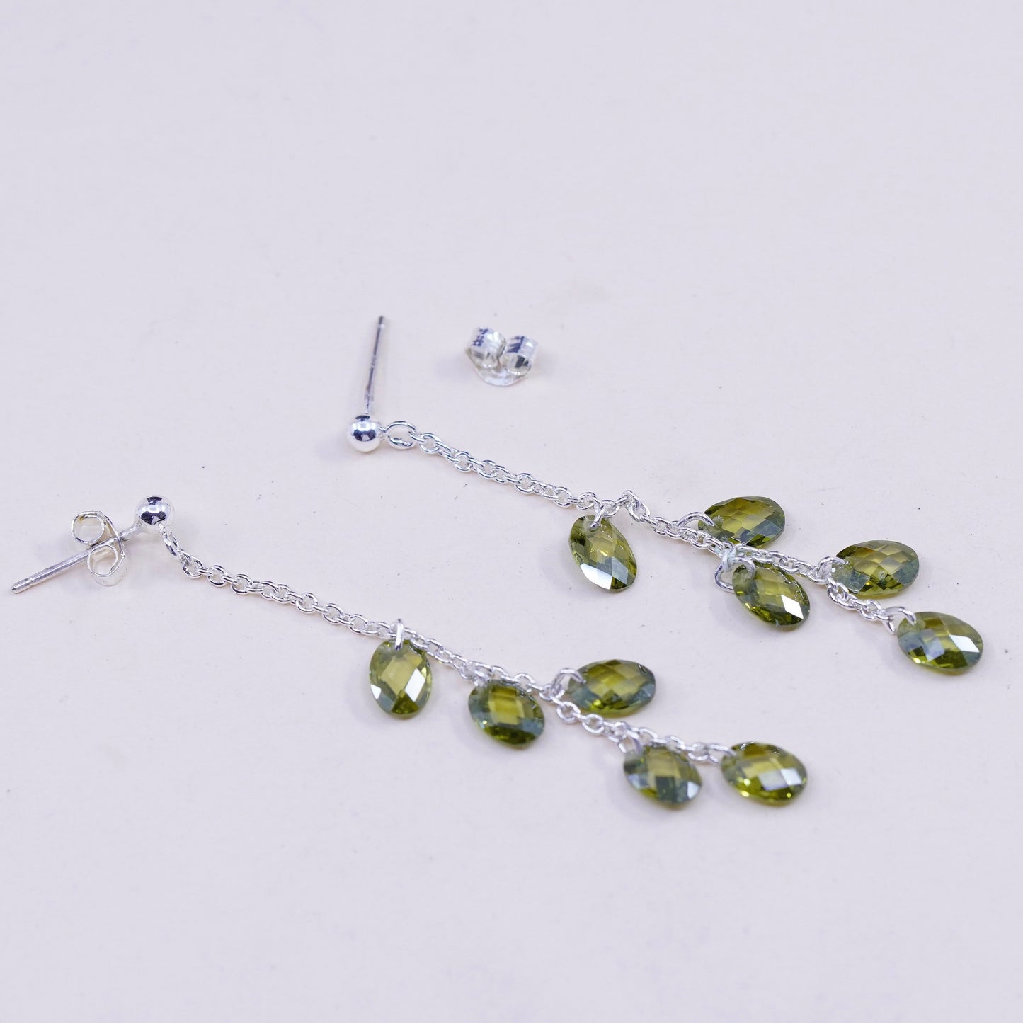 Vintage sterling 925 silver handmade earrings with cluster olive green crystal