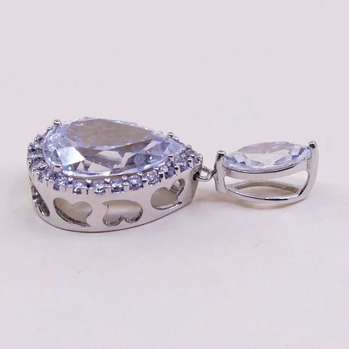 VTG Stauer Clear Diamondaura Pendant Necklace 5.8 Tcw .925 Sterling Silver teardrop