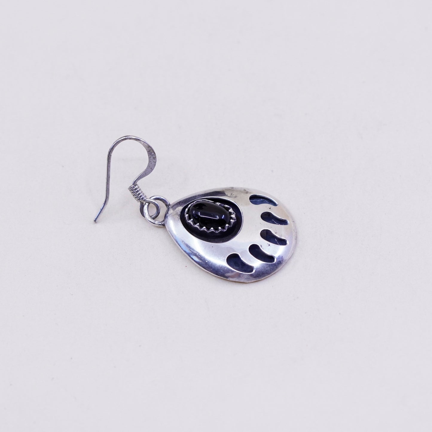 Native American Sterling silver earrings, teardrop 925 bear paw w/ obsidian