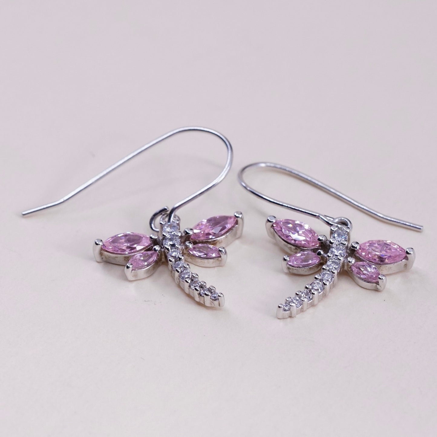 Vintage handmade sterling 925 silver dragonfly earrings with pink Cz