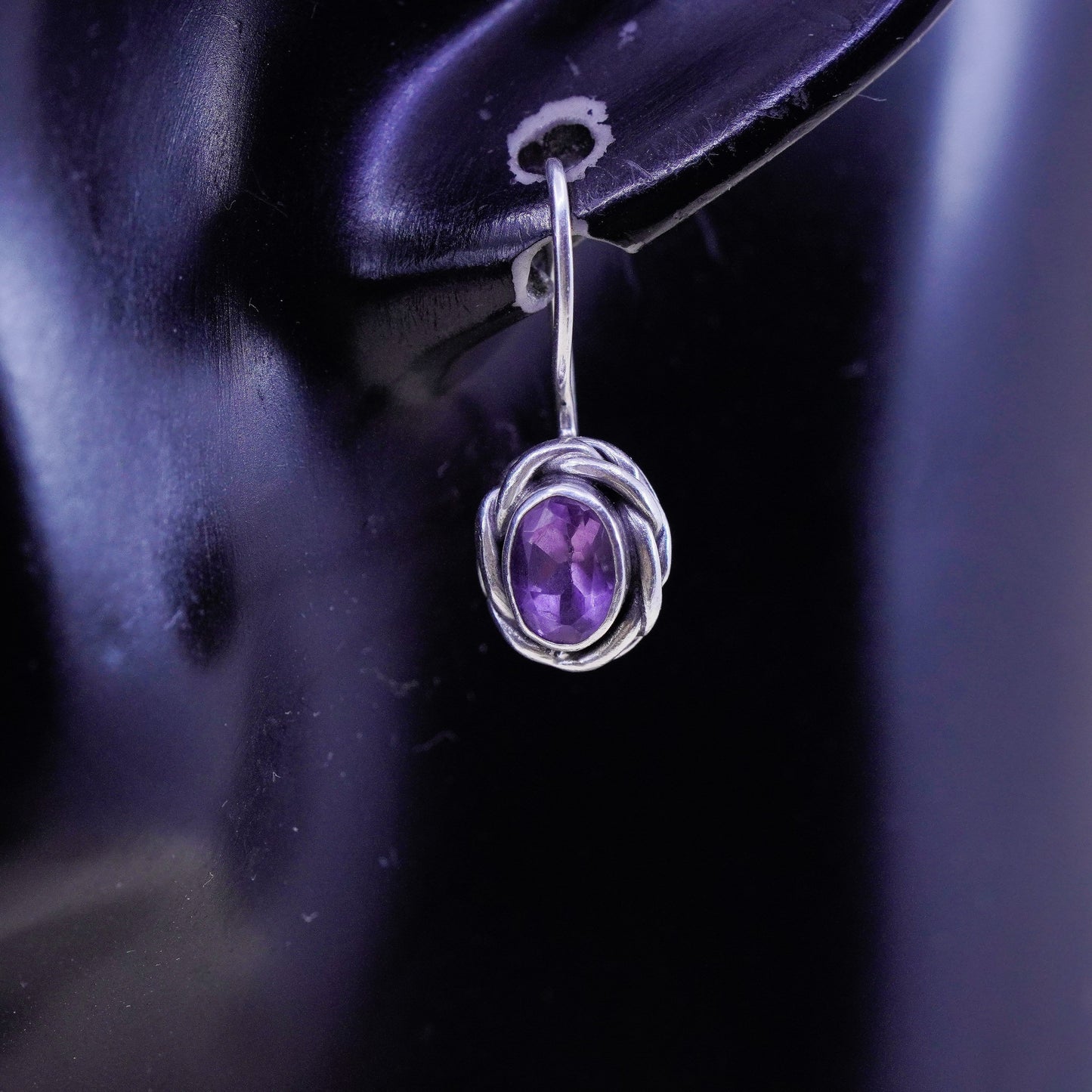 Vintage sterling silver handmade earrings, 925 drops with amethyst