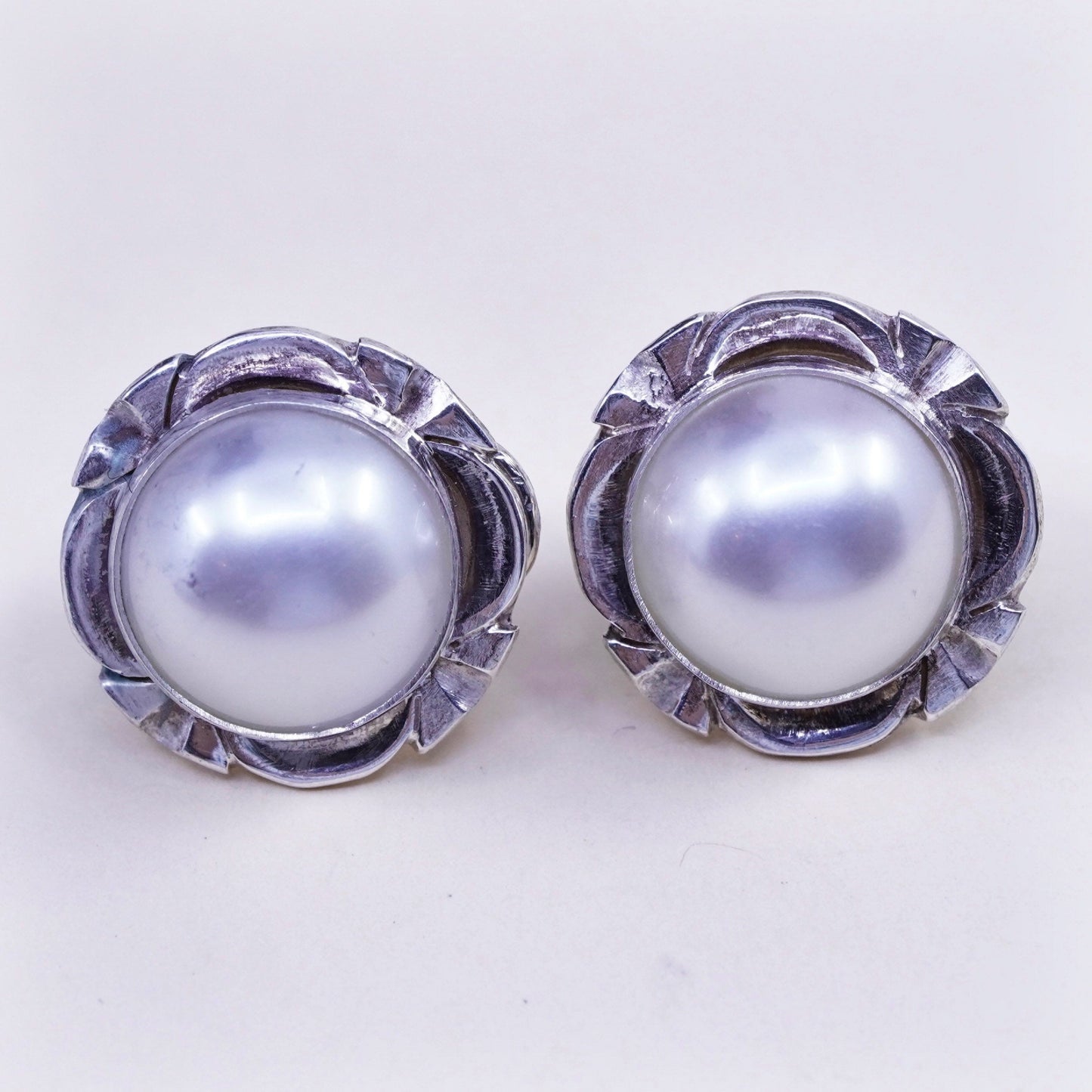 Vintage Sterling silver handmade earrings, 925 flower studs with pearl