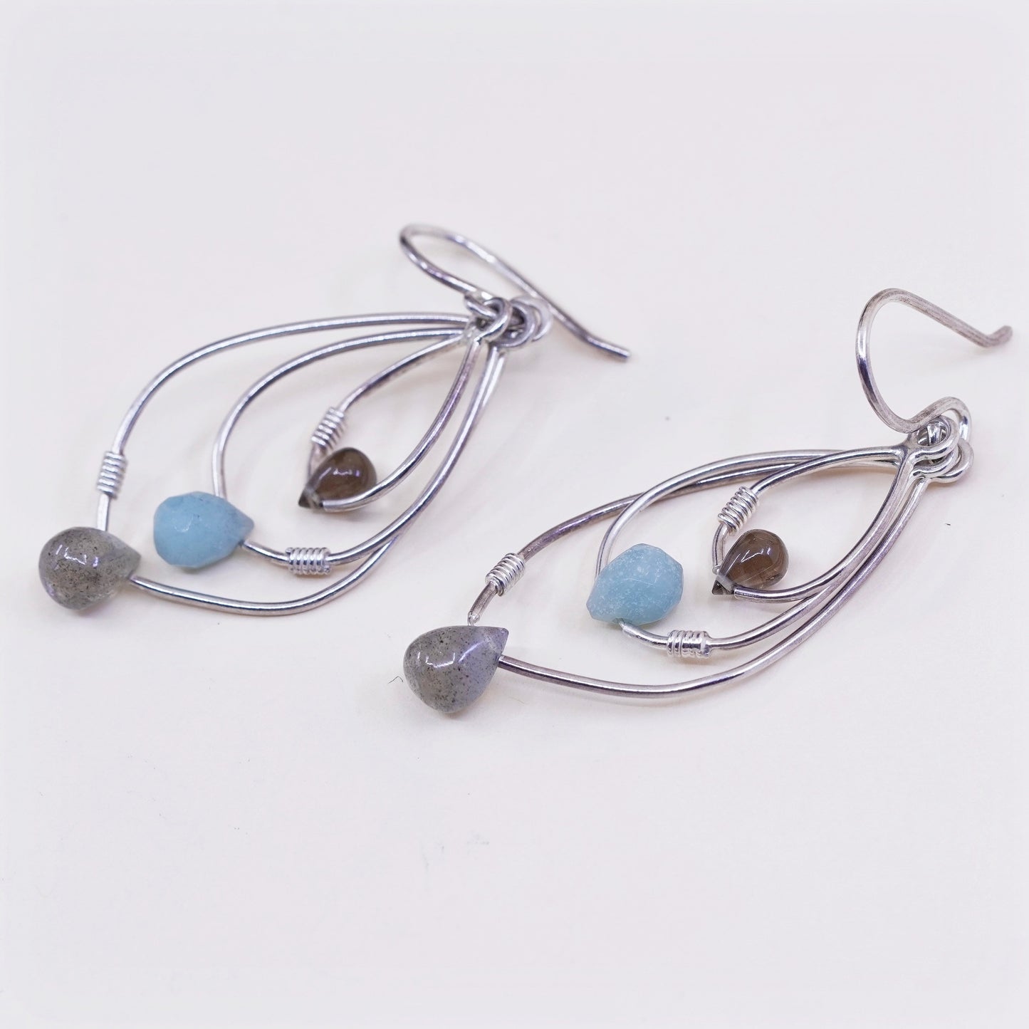modern sterling silver earrings, 925 teardrop dangles with labradorite and jade