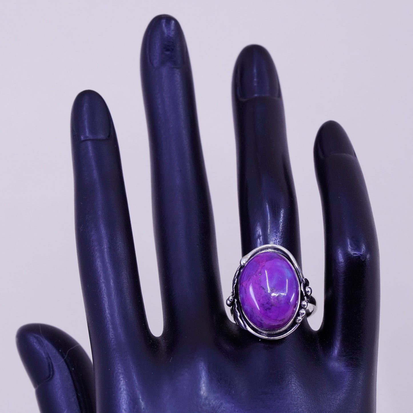 Size 8, BBJ sterling silver handmade 925 ring with oval purple turquoise beads
