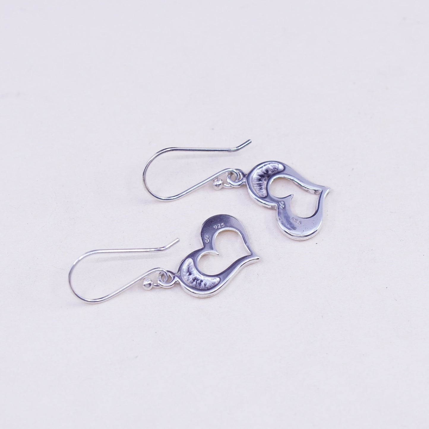 Vintage sterling silver handmade earrings, 925 heart dangles