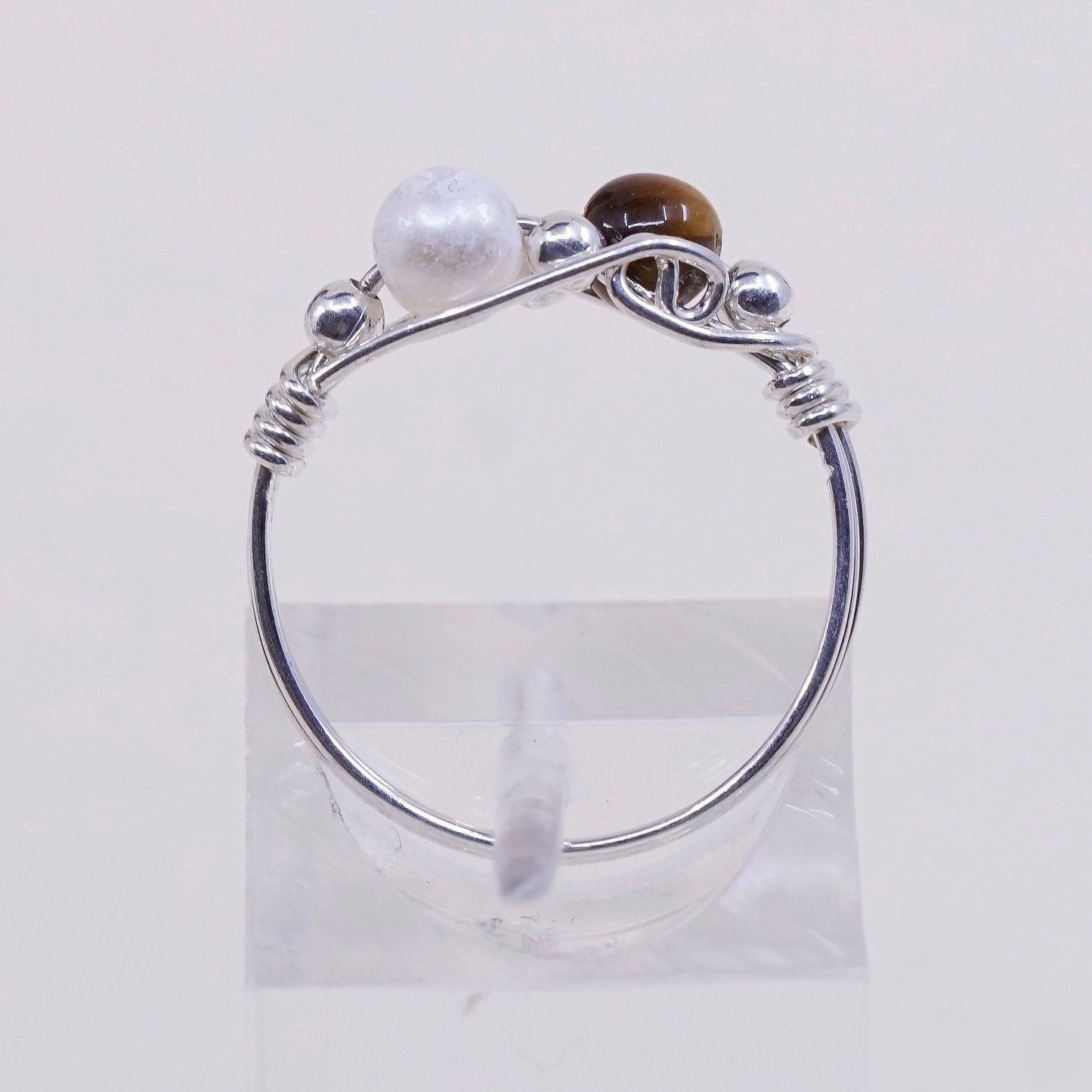 Size 5, VTG sterling 925 silver handmade wired ring w/ tiger eye N pearl bead
