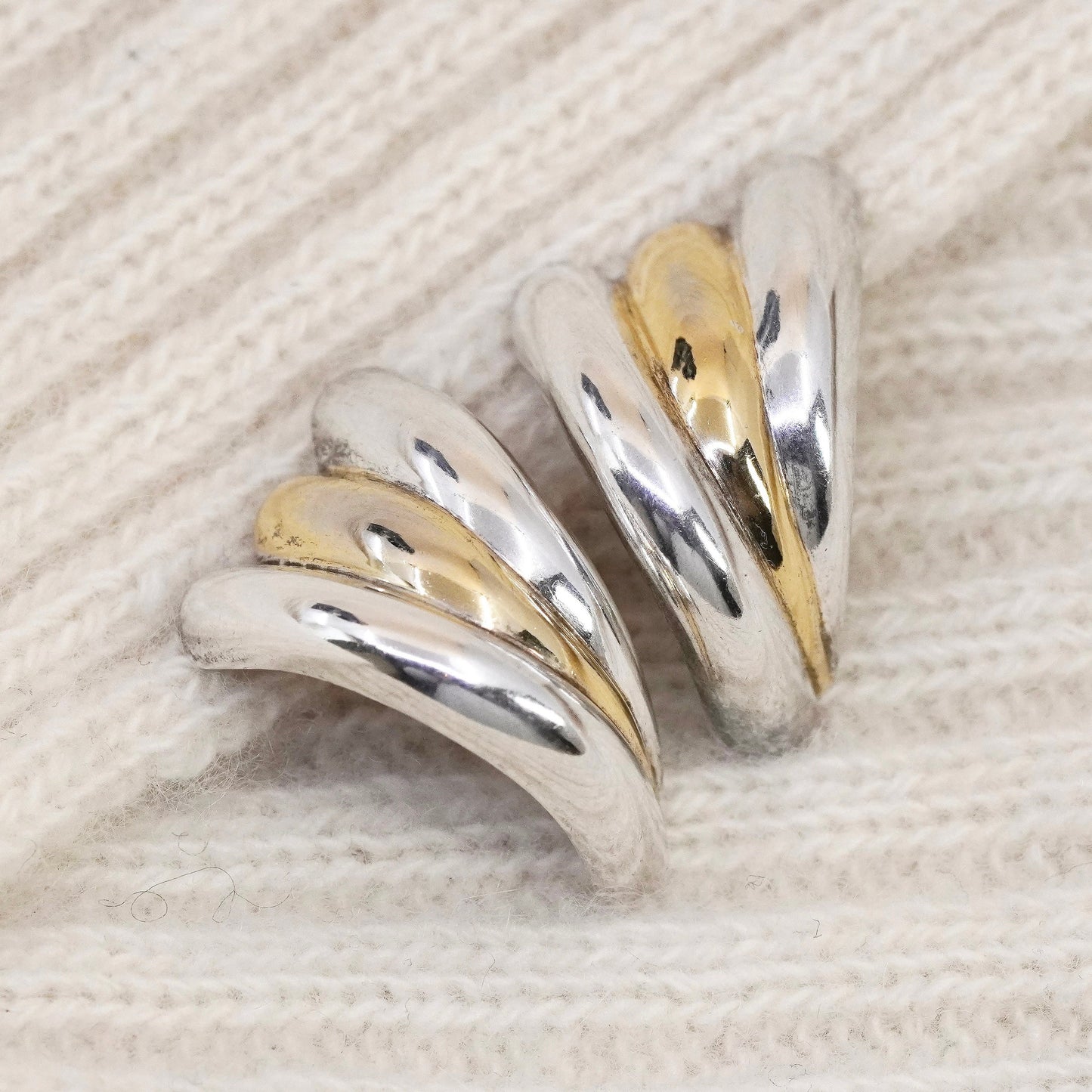 1”, vtg Italy two tone Sterling silver handmade earrings curvy 925 Huggie studs