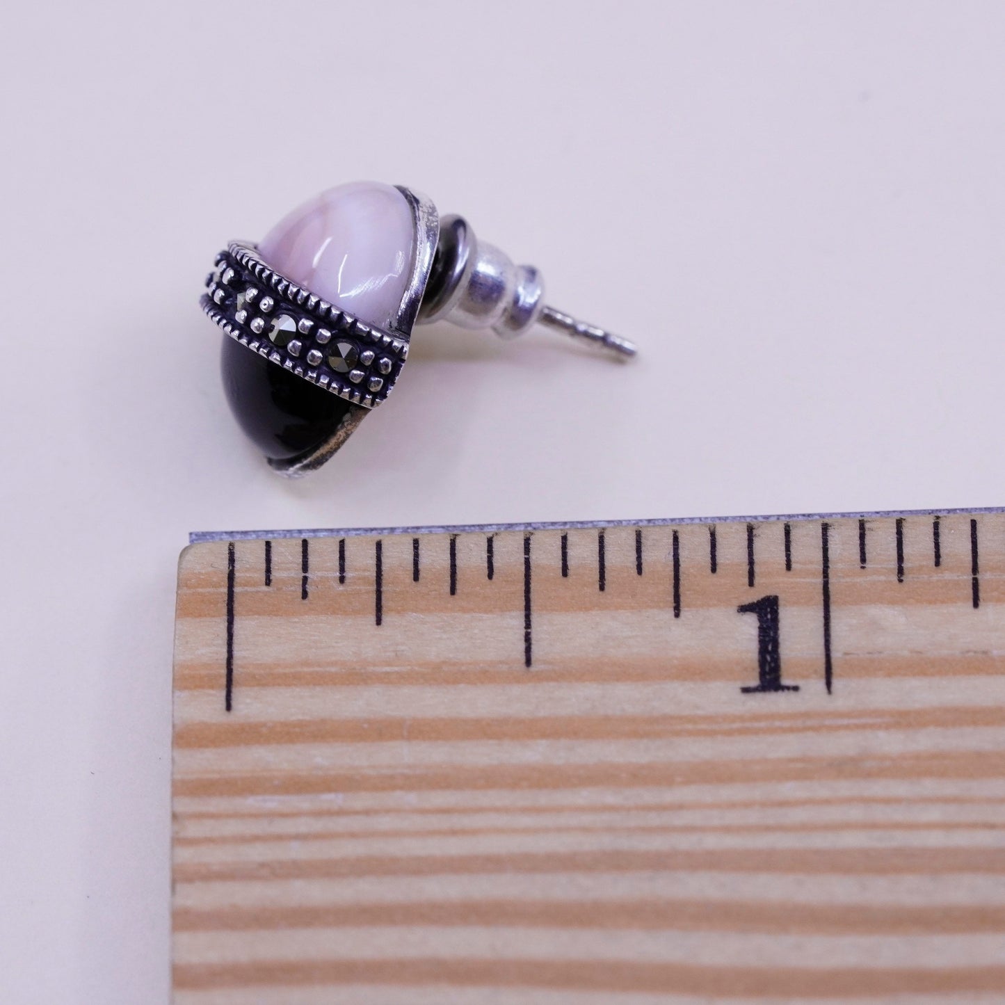 Vintage sterling silver earrings, 925 studs with agate obsidian and marcasite