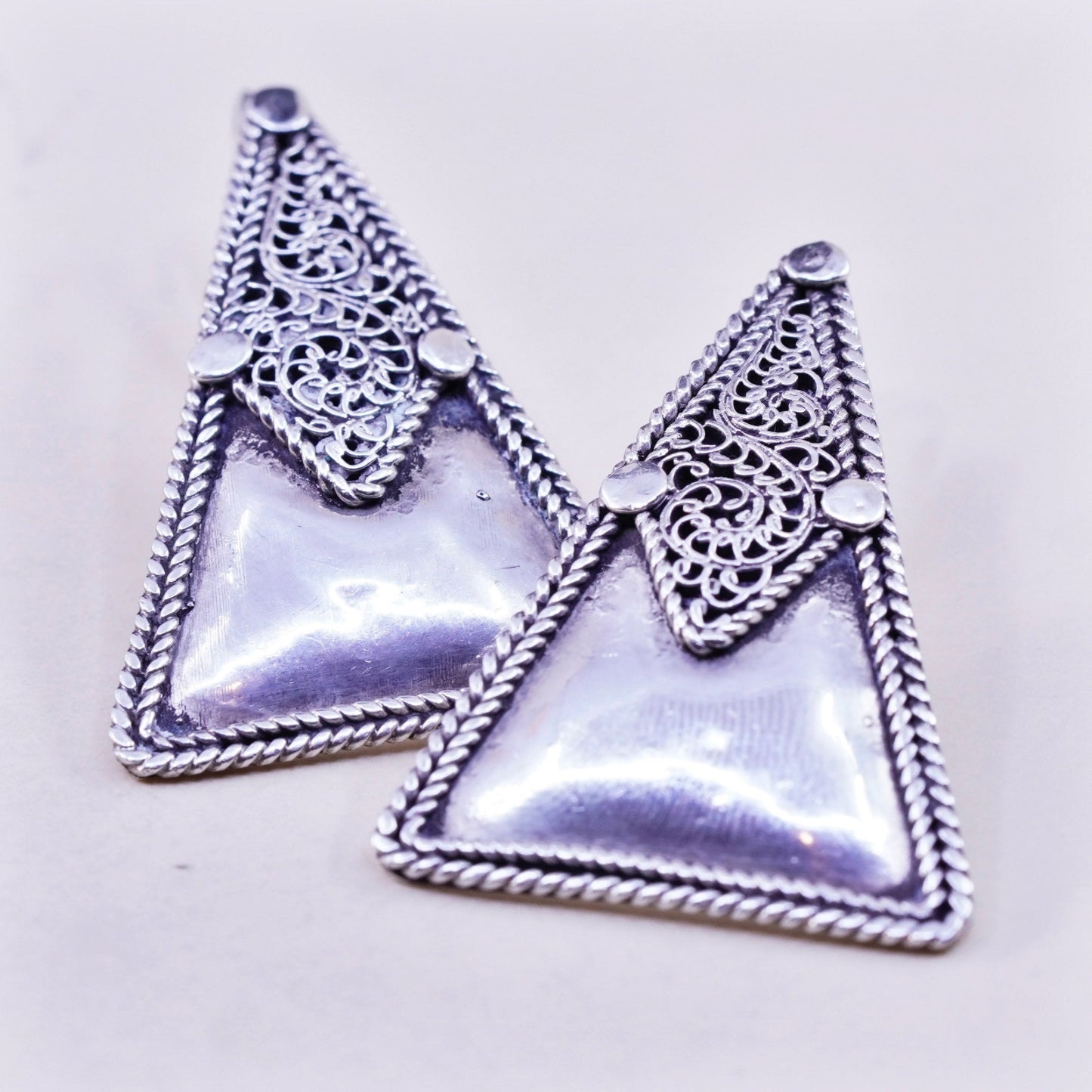Vintage Sterling silver handmade earrings, 925 silver triangular dangles