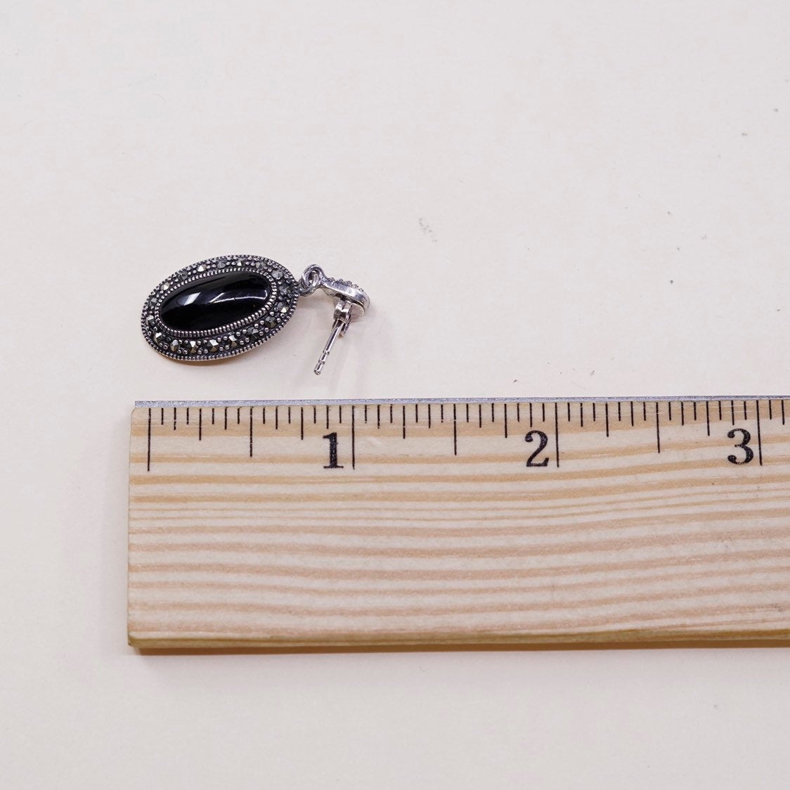 vtg Sterling silver handmade earrings, 925 drops w/ obsidian n marcasite