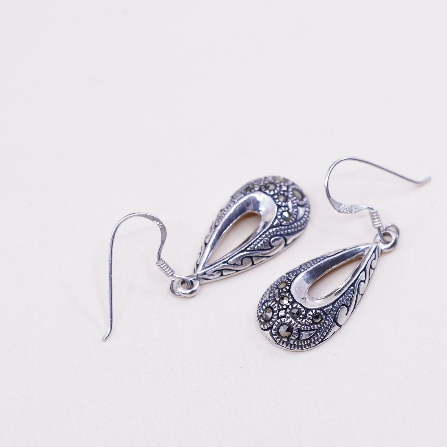 Vintage Sterling silver handmade earrings, 925 teardrop with marcasite