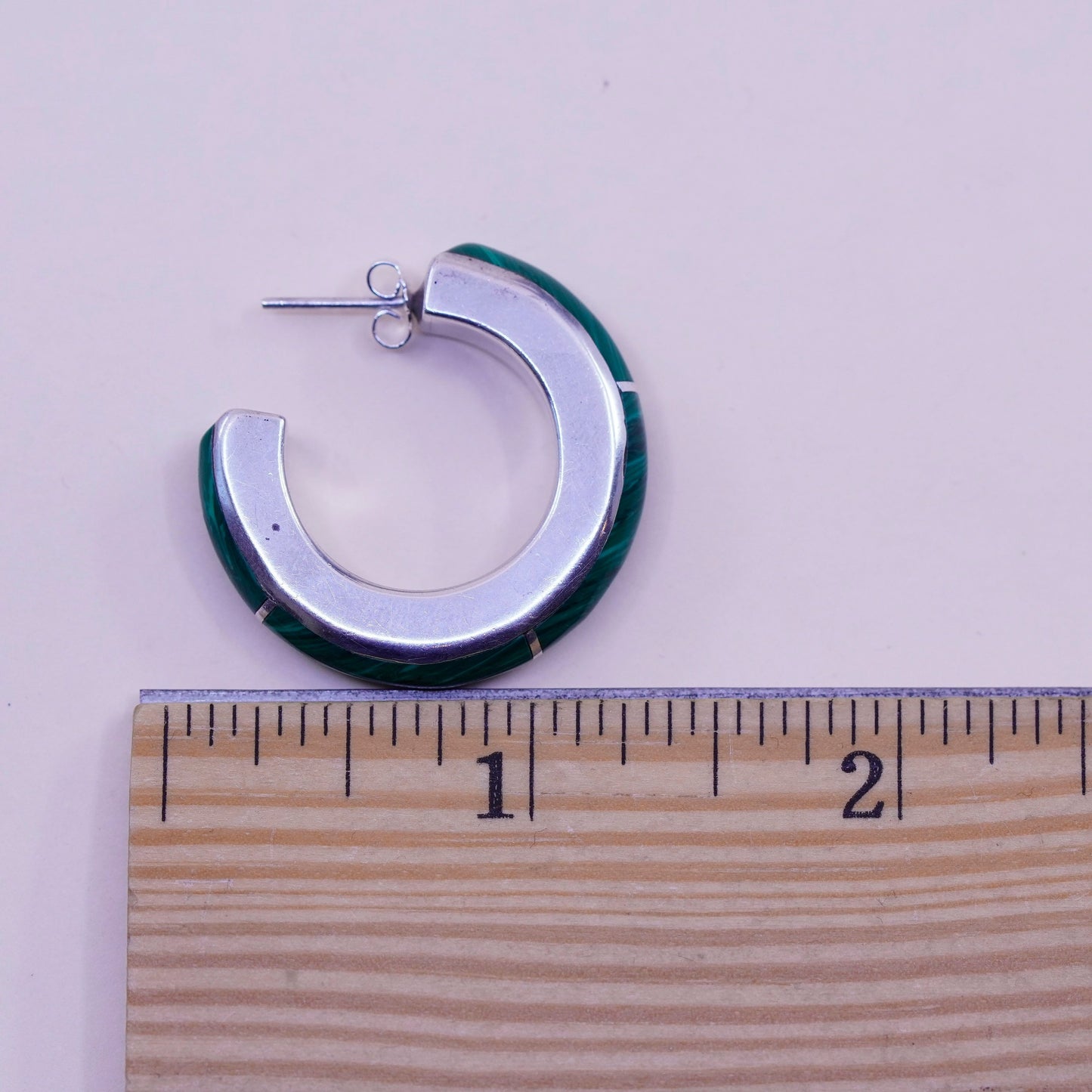 1.25”, vintage Sterling 925 silver handmade huggie hoops earrings w/ malachite