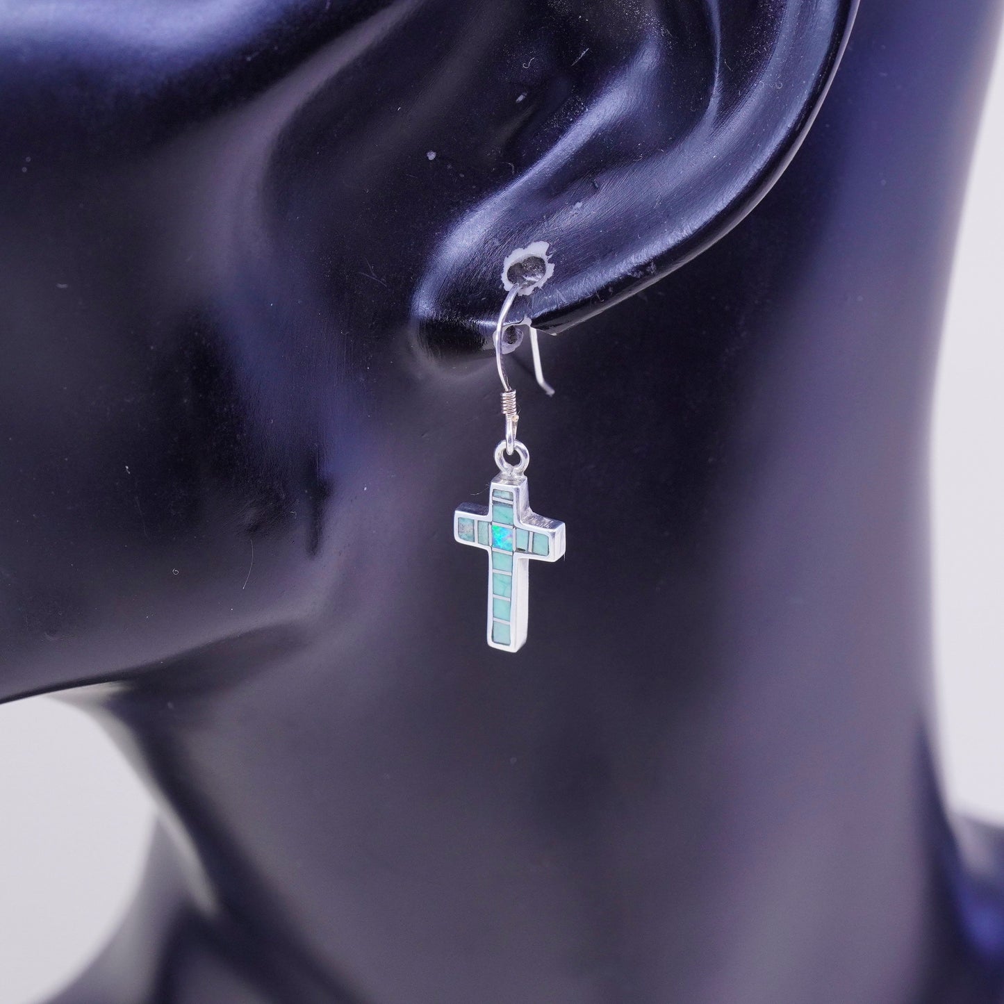 Native American zuni Sterling 925 silver earrings, cross w/ opal and turquoise
