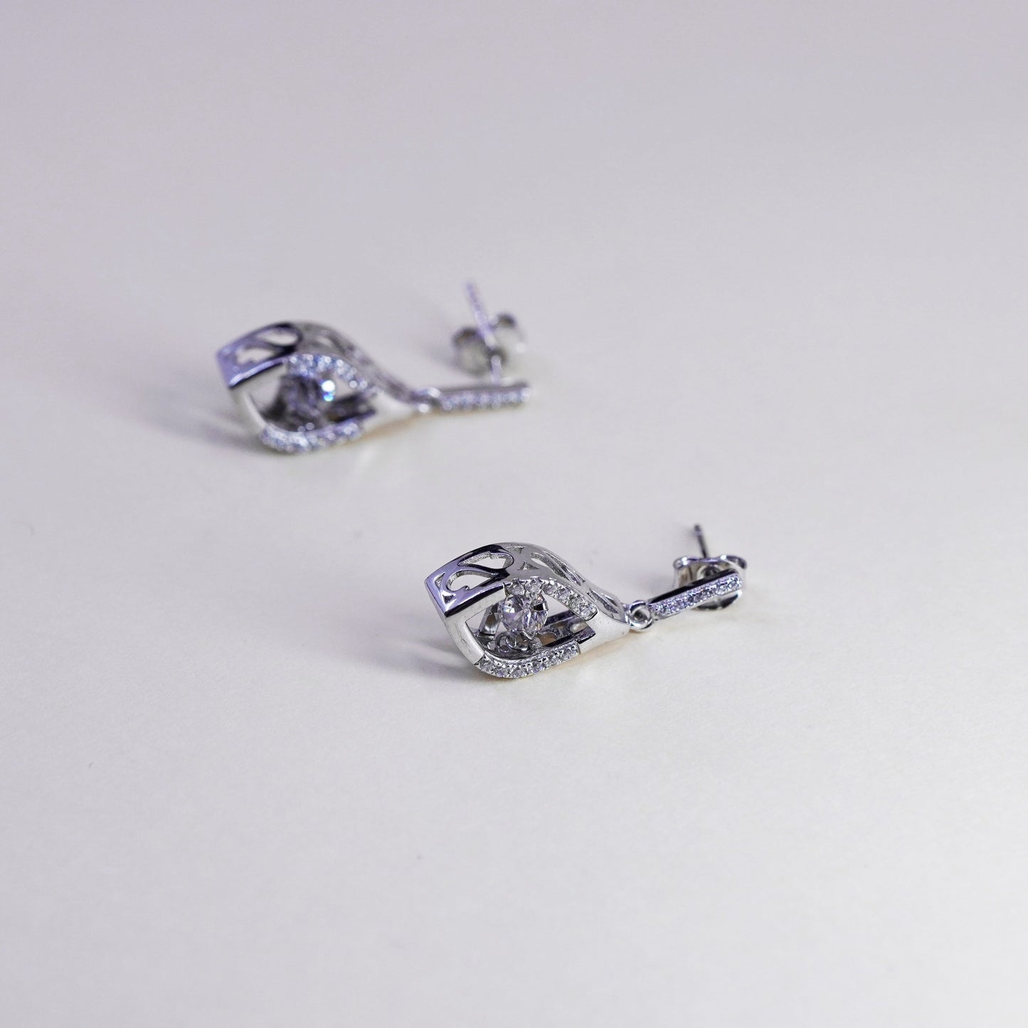 Vintage sterling 925 silver handmade earrings with dancing CZ