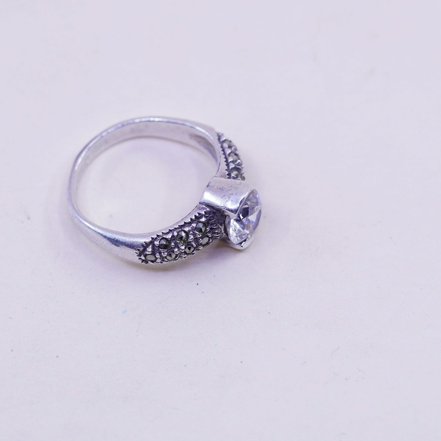 Size 7.5, Sterling silver handmade ring, 925 with CZ and marcasite