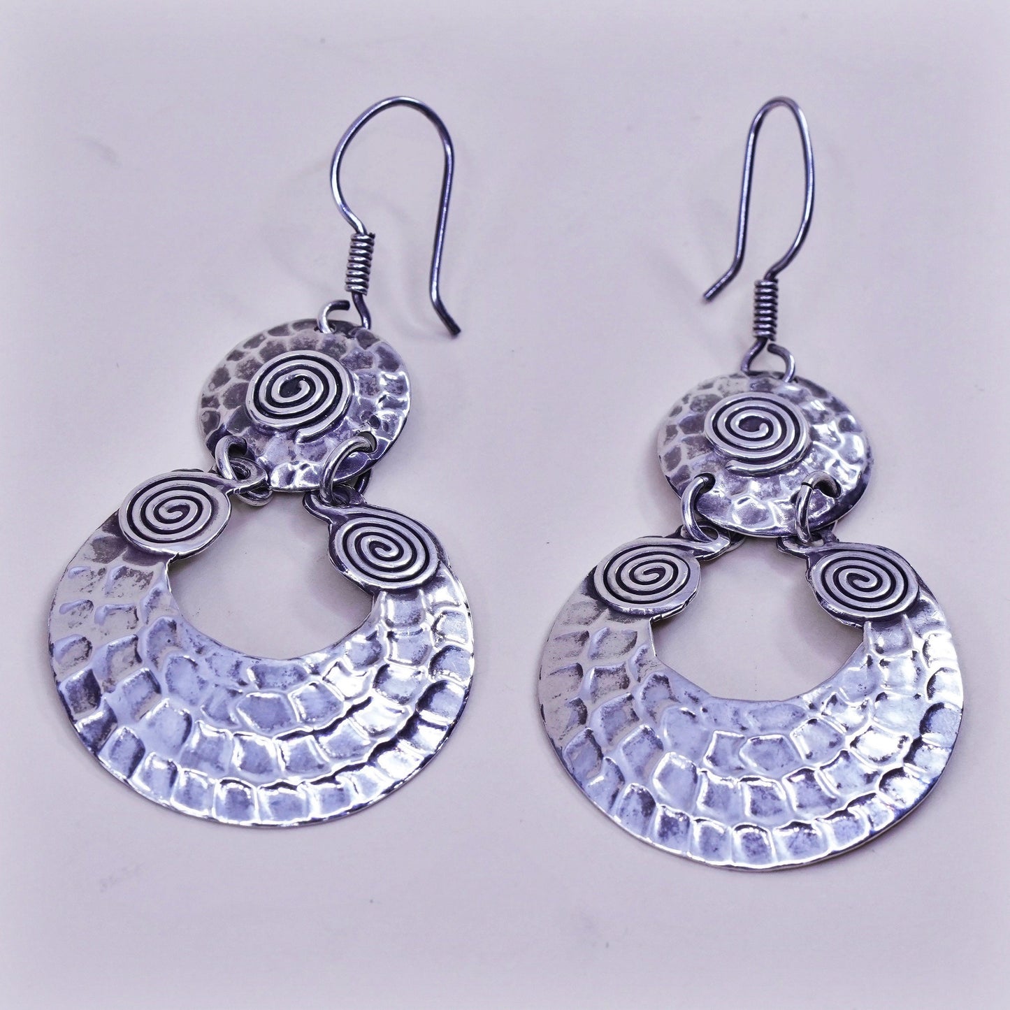 Vintage sterling silver handmade earrings, huge 925 circle w/ hammered texture