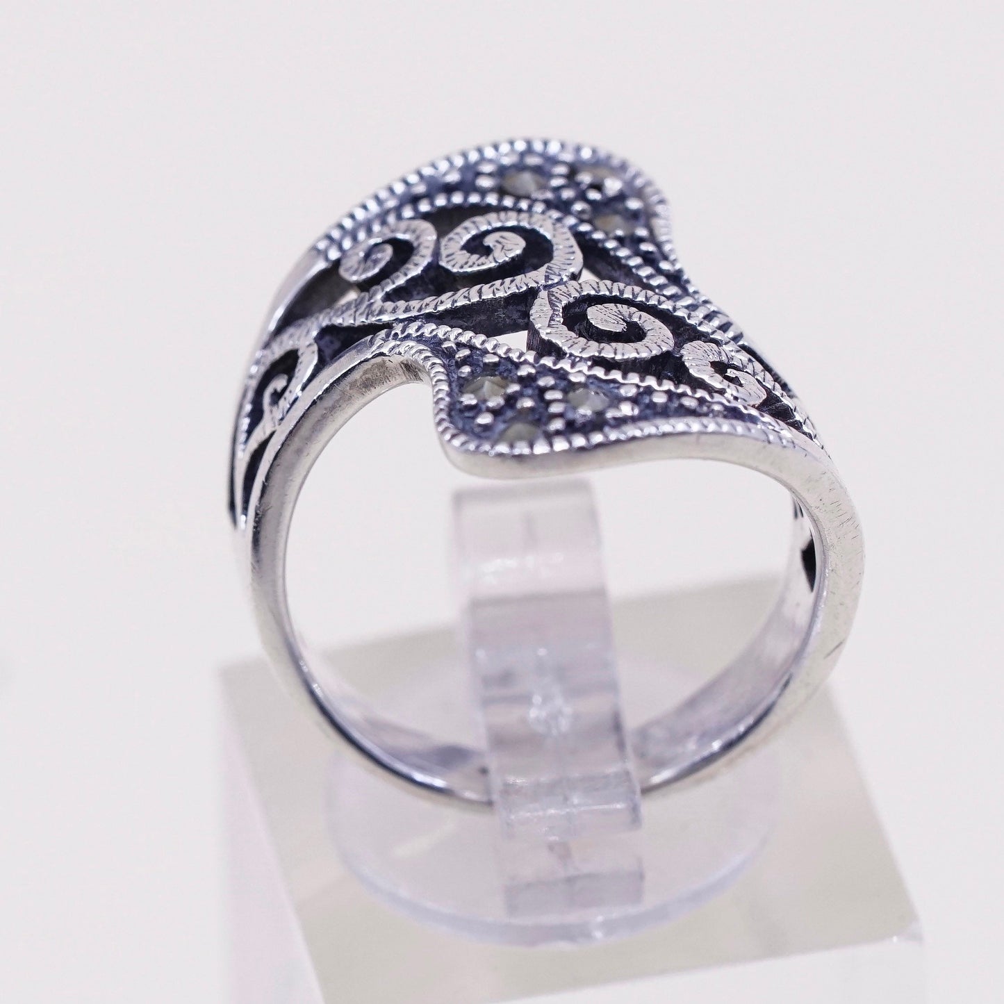 Size 7, Vintage Sterling silver handmade ring, 925 band with Marcasite