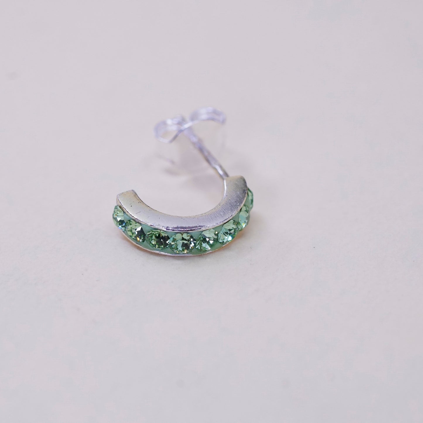 Vintage Sterling silver handmade earrings, 925 Huggie studs with green Cz