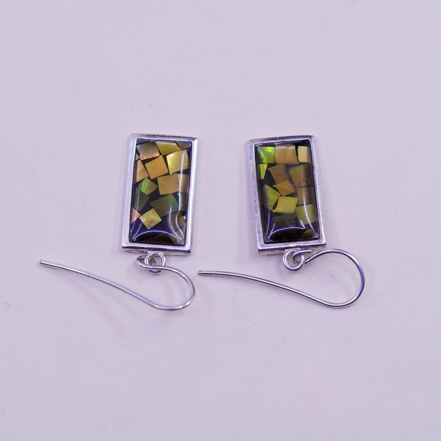Vintage sterling silver handmade rectangular earrings, Mexico 925 with abalone