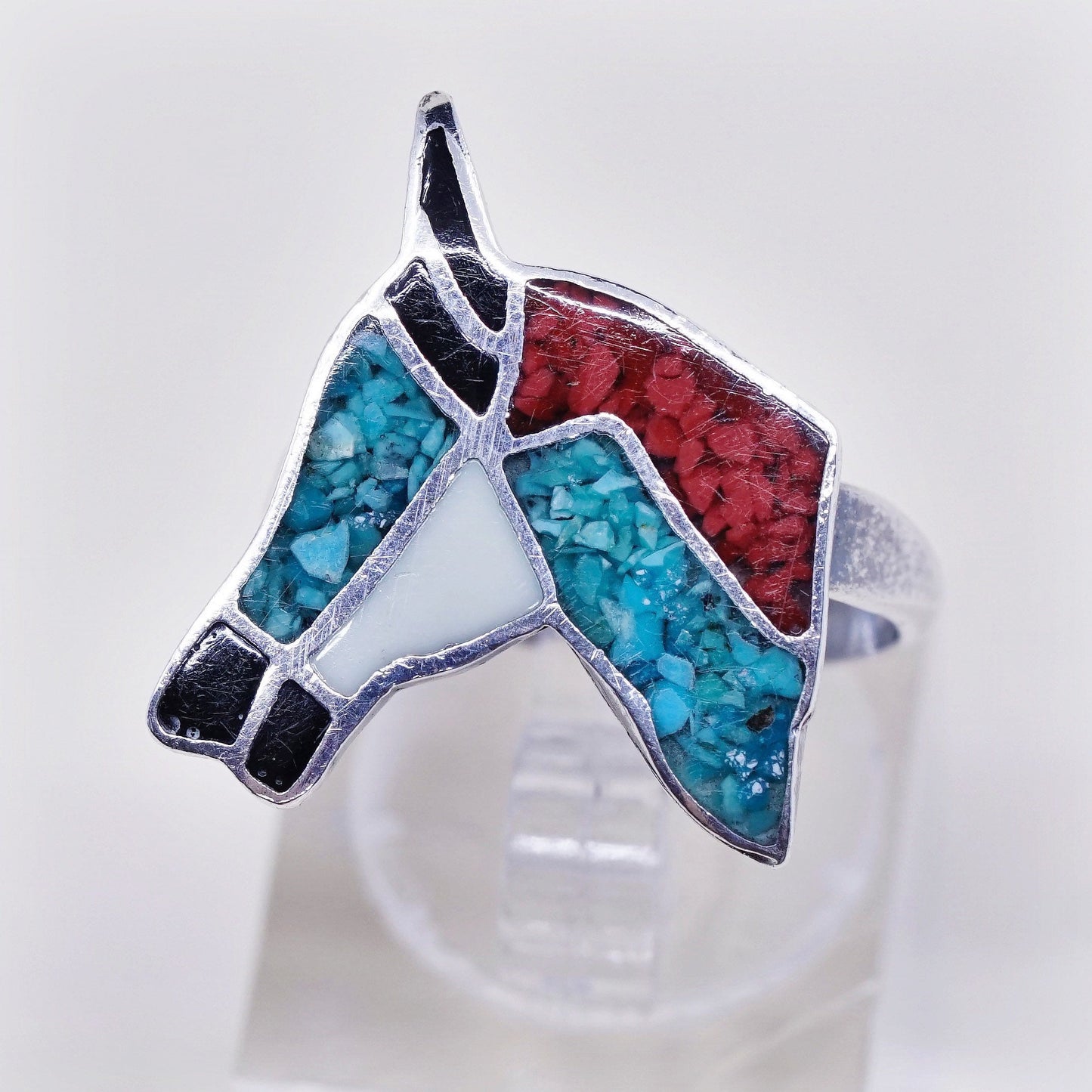 sz 7.5, vtg natives American Sterling silver ring, 925 horse w/ turquoise coral