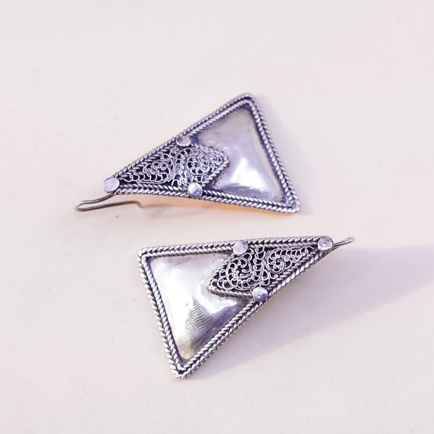 Vintage Sterling silver handmade earrings, 925 silver triangular dangles
