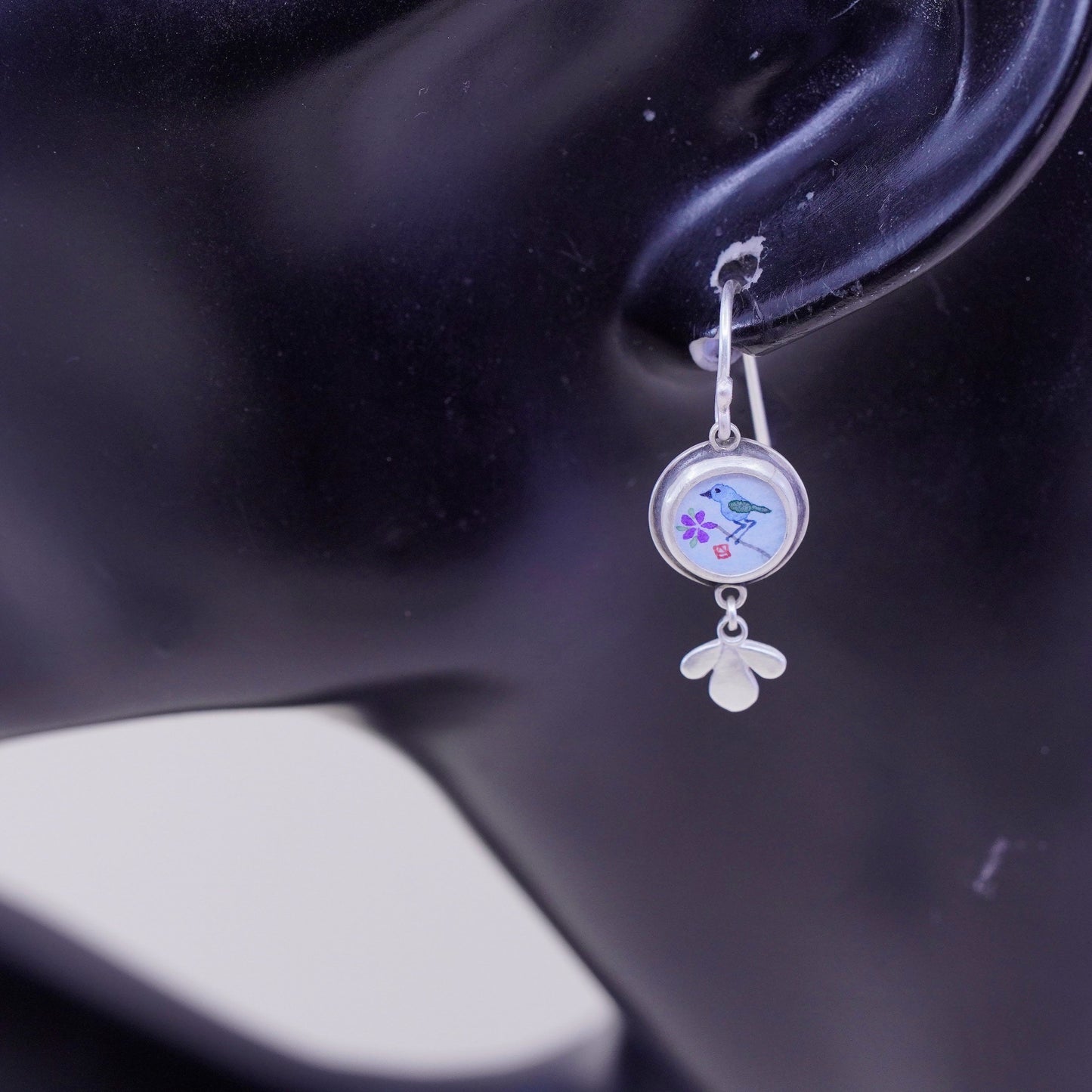 Designer Ananda KHALSA Sterling 925 silver handmade earrings, watercolor blue bird with purple plum flower, stamped 925 A