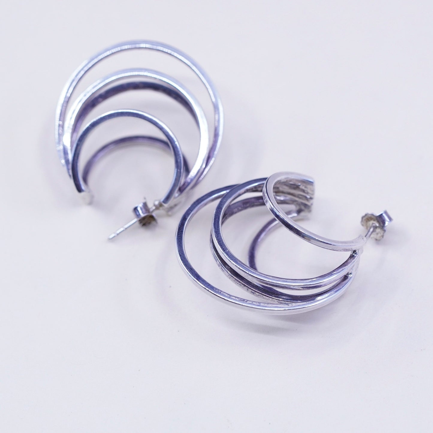 1.25”, Vintage Sterling silver handmade earrings, moon shaped 925 Huggie hoops