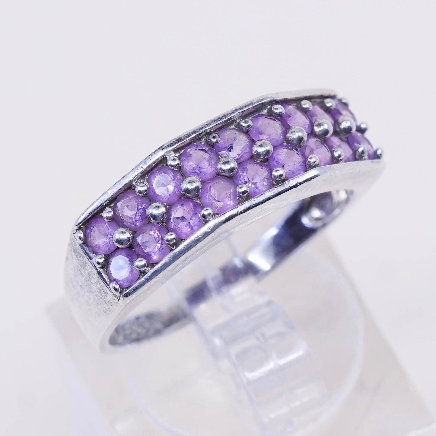 Size 8, vtg Sterling silver handmade cocktail ring, 925 w/ cluster amethyst
