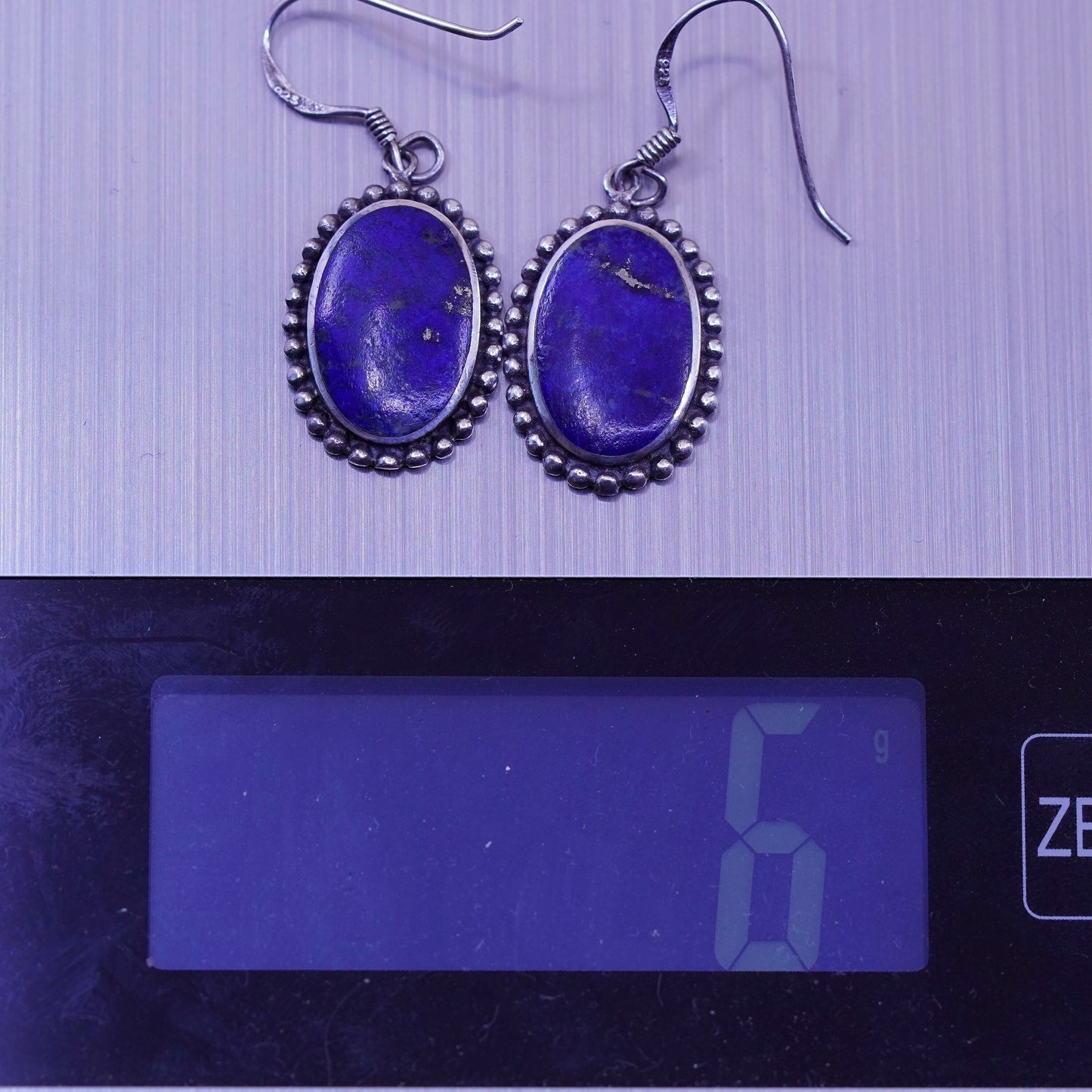 Vintage Sterling 925 Silver Handmade earrings with oval lapis lazuli and beads
